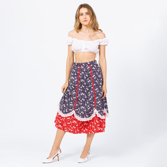 Vintage 70s Red White & Blue Floral Prairie Skirt - Extra Small, 25" Waist | Retro Folk Americana Tiered A Line Midi Skirt