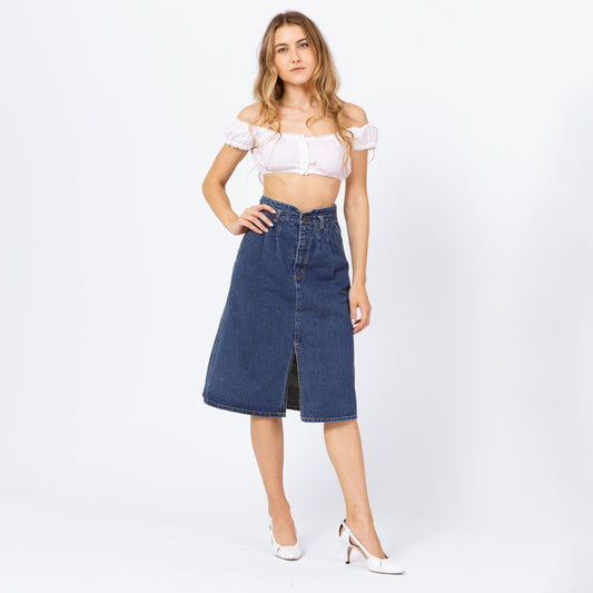 Vintage 70s Western Denim A-Line Skirt - Extra Small, 24" Waist | Americana Blue Jean High Waisted Knee Length Midi Skirt