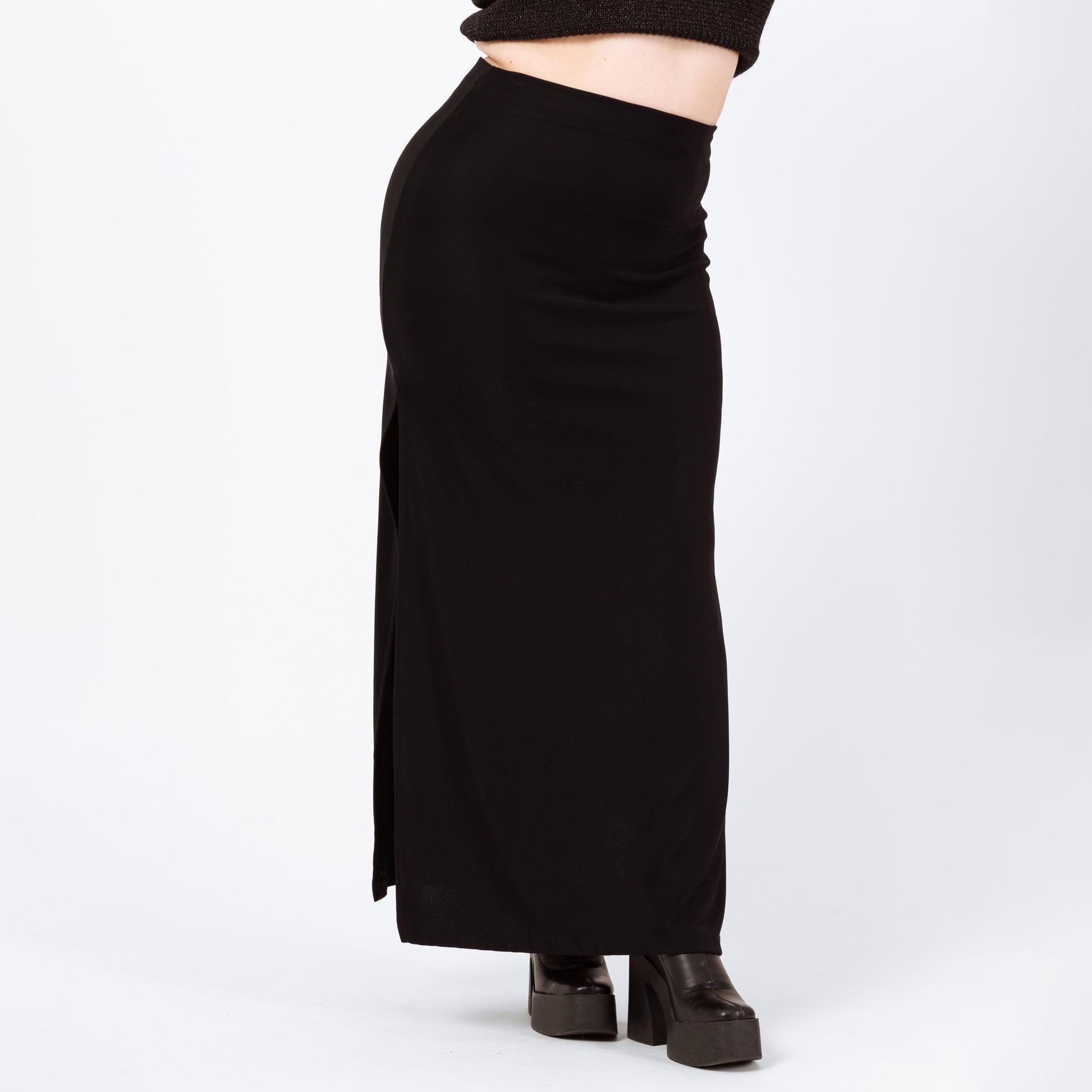 Vintage 90s Black Minimalist Stretchy Side Slit Maxi Skirt - Large to XL | Gothic Ankle Length Grunge Slinky Pencil Skirt