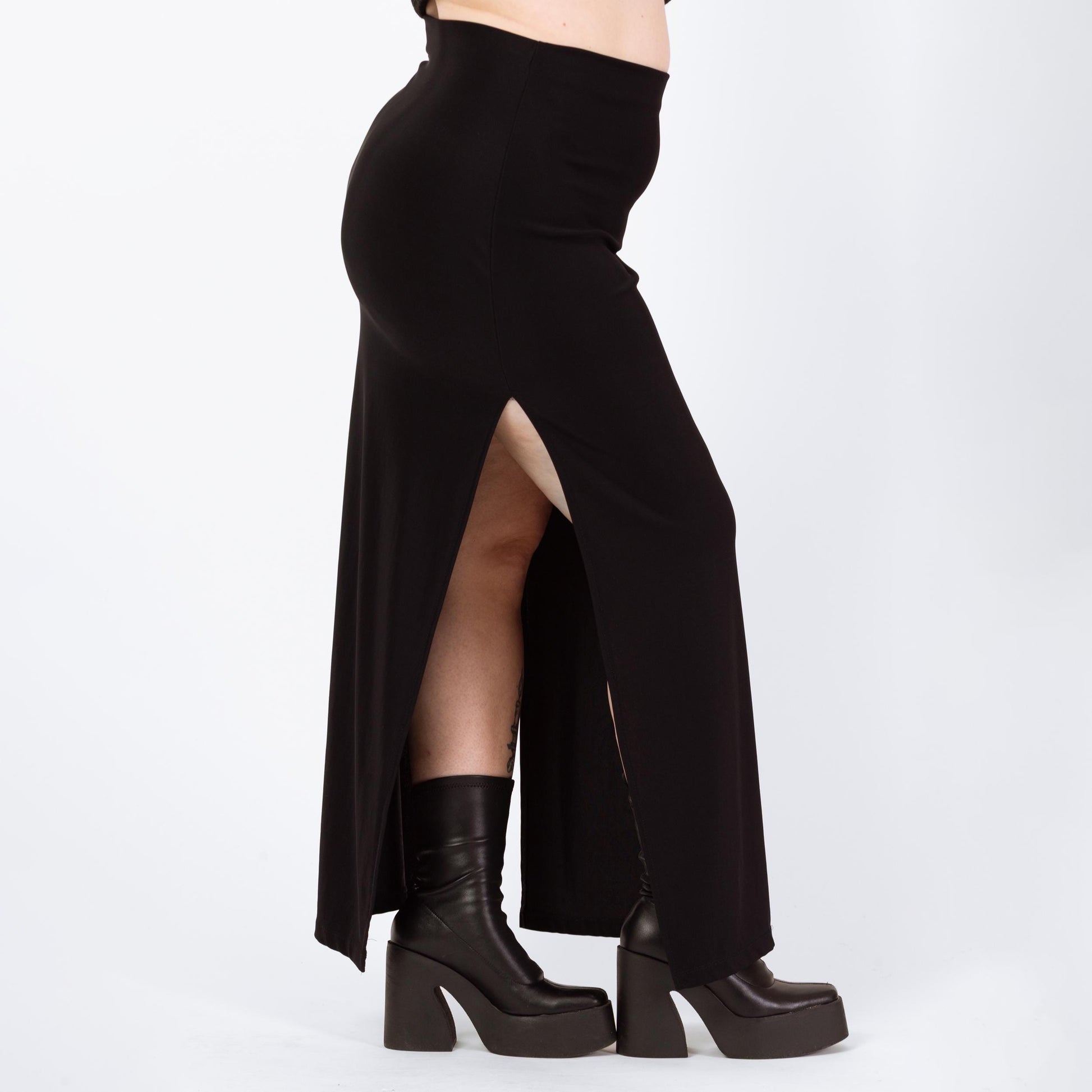 Vintage 90s Black Minimalist Stretchy Side Slit Maxi Skirt - Large to XL | Gothic Ankle Length Grunge Slinky Pencil Skirt