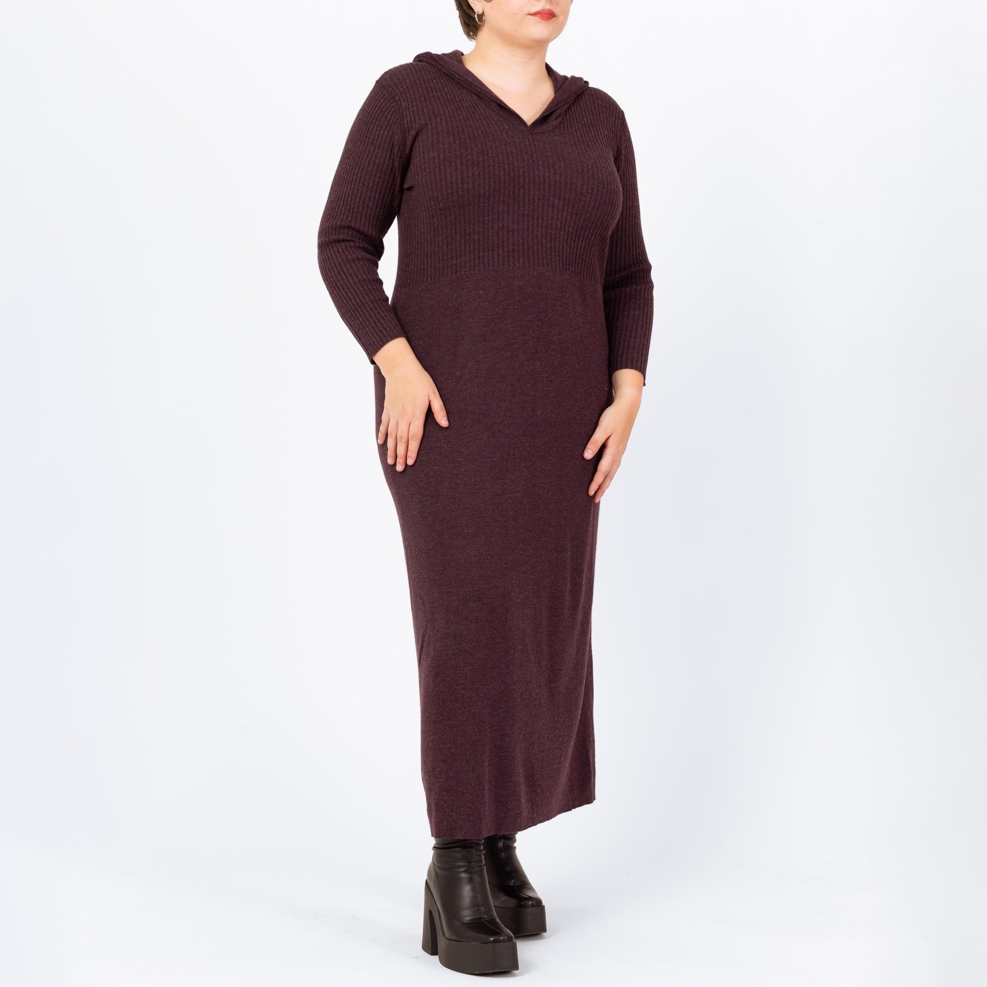 Vintage 90s Hooded Plum Purple Knit Maxi Dress - Extra Large | Ribbed Long Sleeve Whimsigoth Fall Sweater Dress