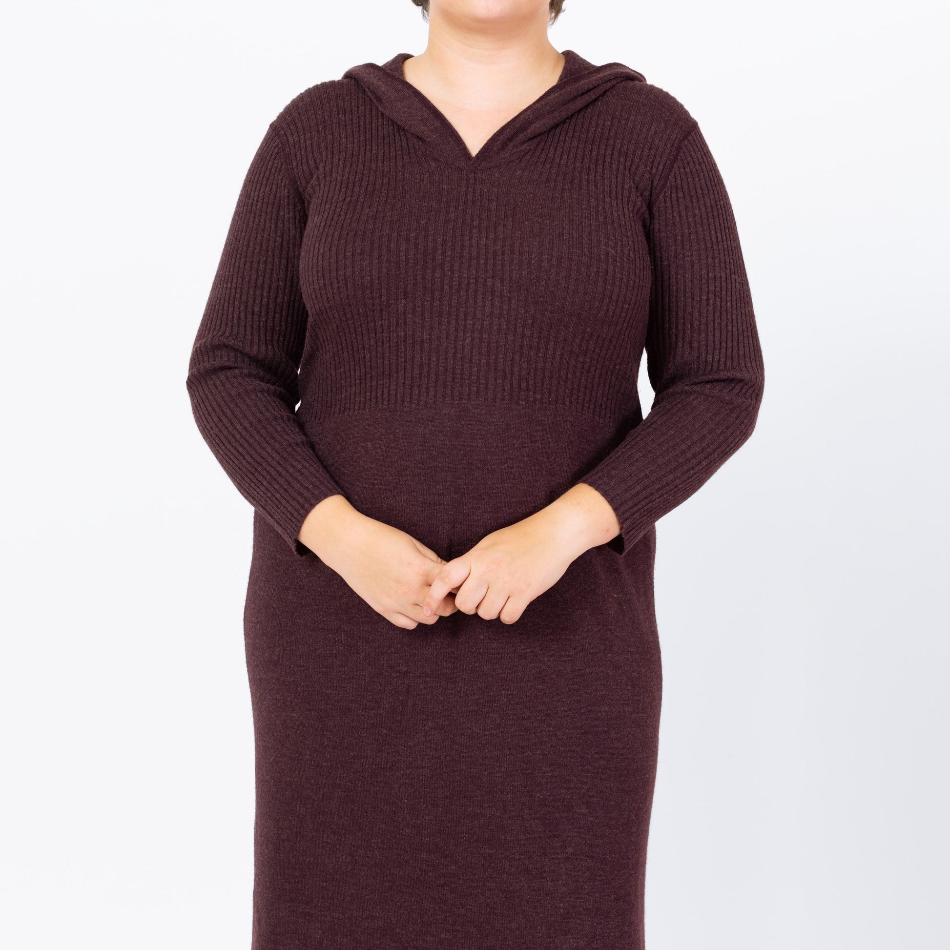 Vintage 90s Hooded Plum Purple Knit Maxi Dress - Extra Large | Ribbed Long Sleeve Whimsigoth Fall Sweater Dress