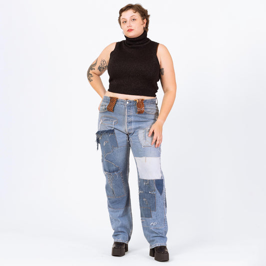 Vintage Y2K Dolce & Gabbana Baggy Patchwork Jeans - 1X | 2000s Designer Jeans, Plus Size Jeans, Leather Trim Distressed Denim Made In Italy