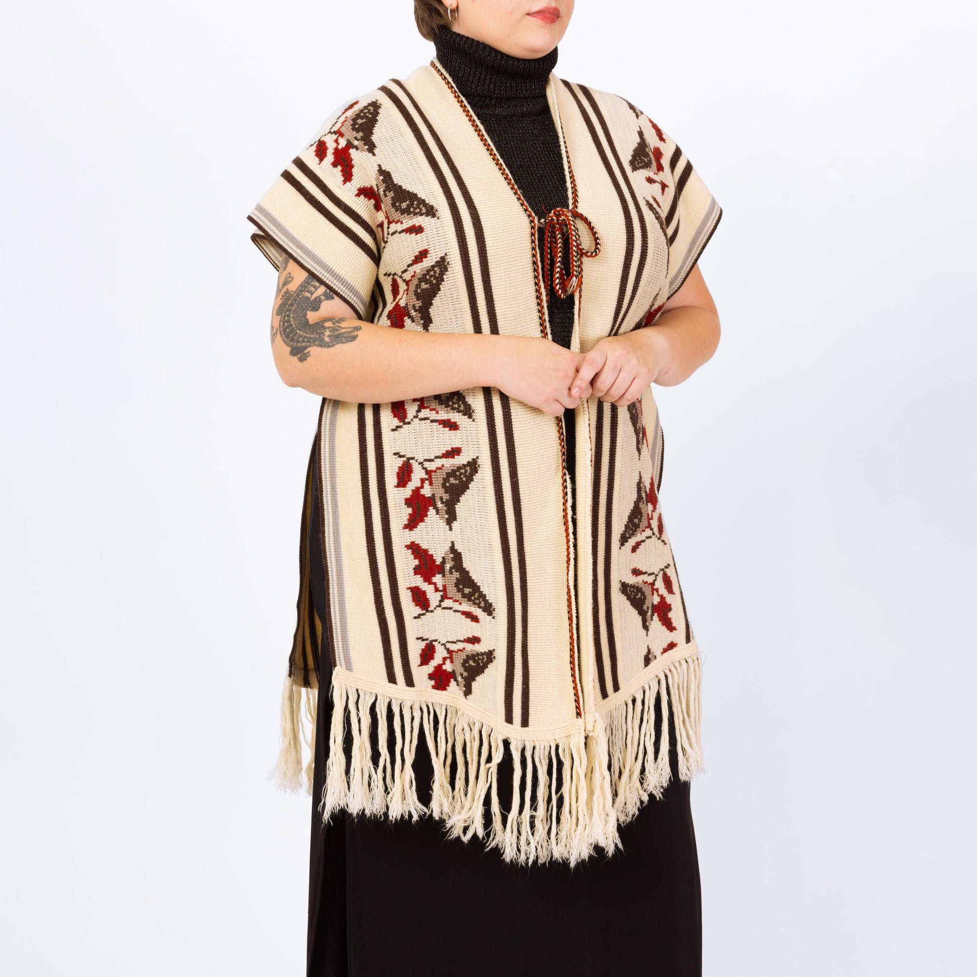 Vintage 70s Boho Knit Bird Poncho - One Size | Striped Vest Fringe Hippie Sweater Shawl