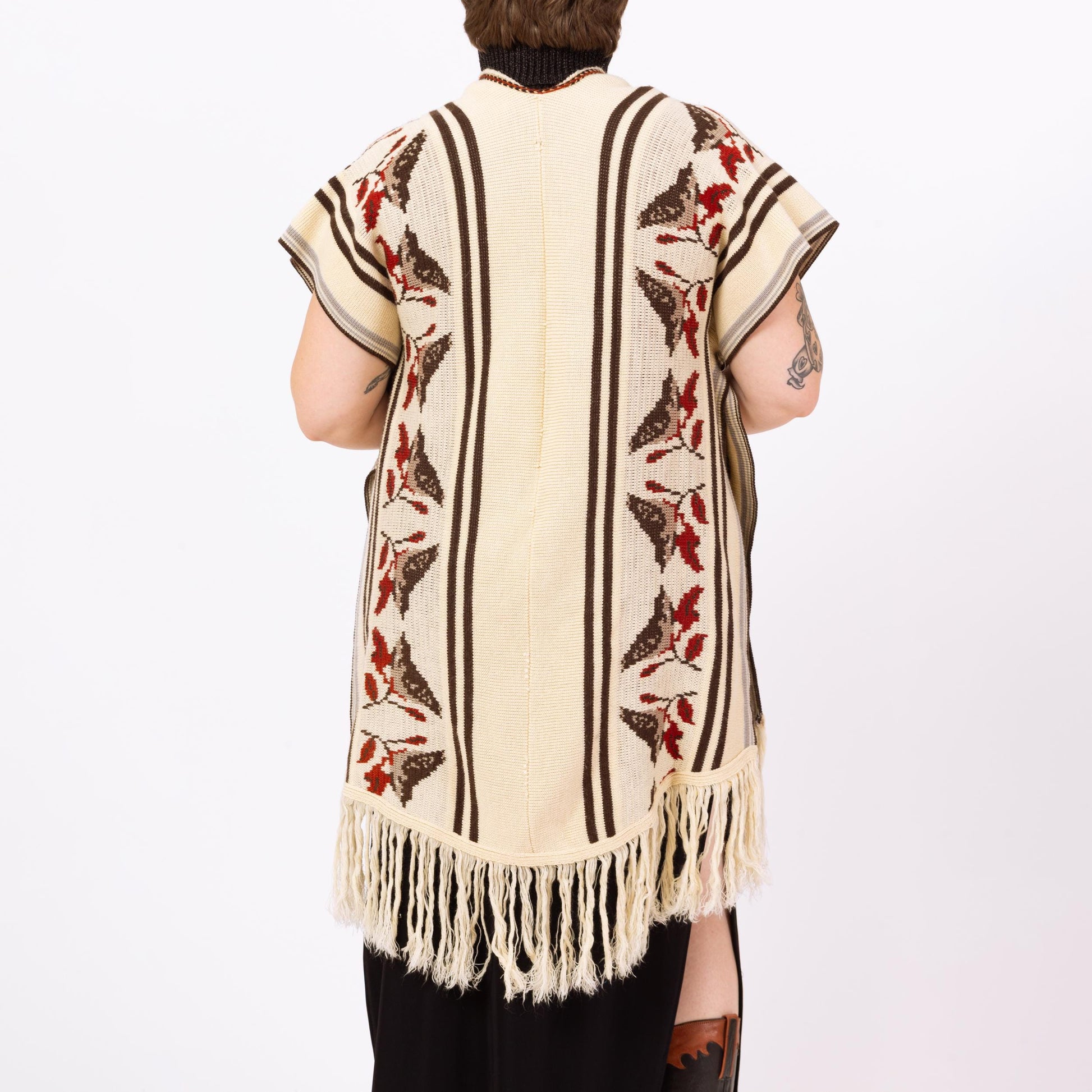 Vintage 70s Boho Knit Bird Poncho - One Size | Striped Vest Fringe Hippie Sweater Shawl