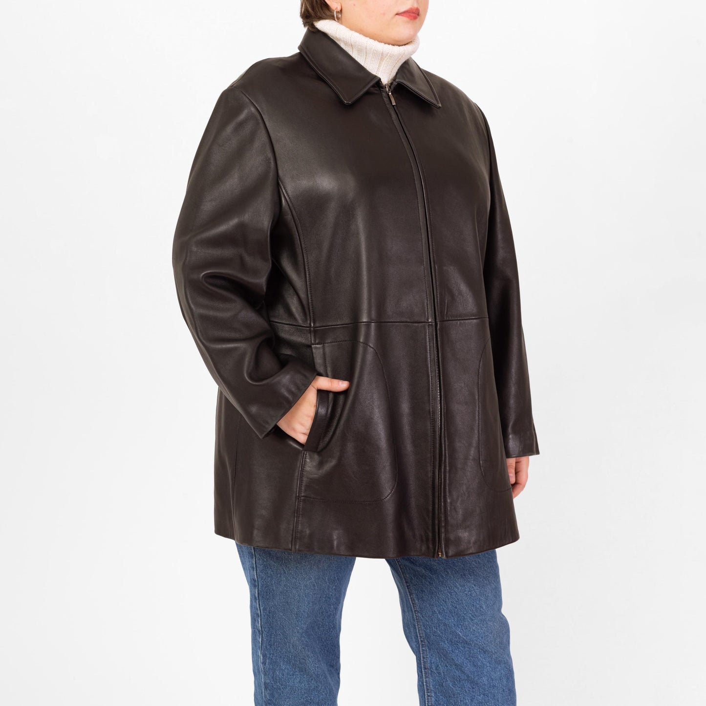 Vintage 90s Minimalist Black Leather Jacket - 2X | Liz Claiborne Zip Up Mid Length Coat