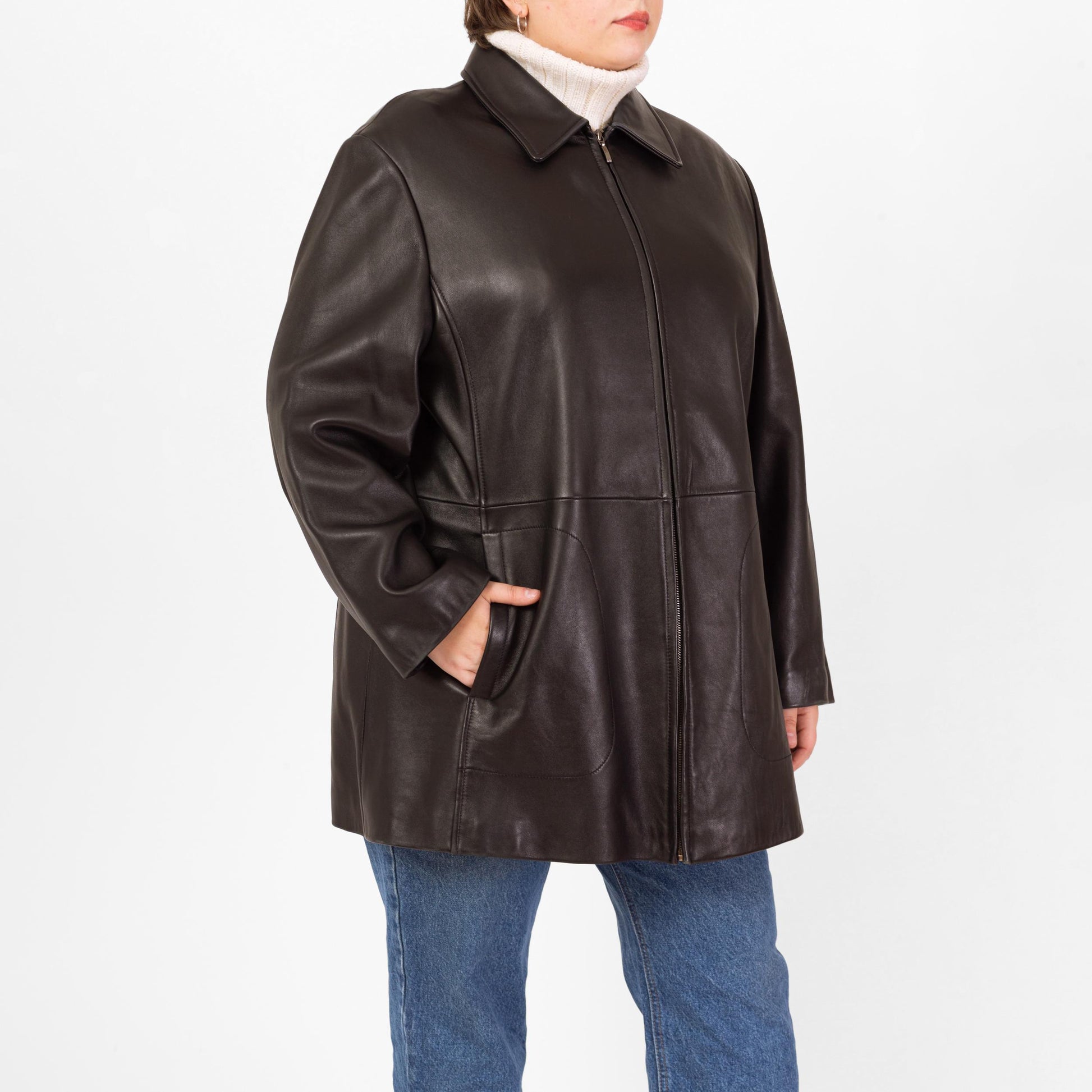 Vintage 90s Minimalist Black Leather Jacket - 2X | Liz Claiborne Zip Up Mid Length Coat