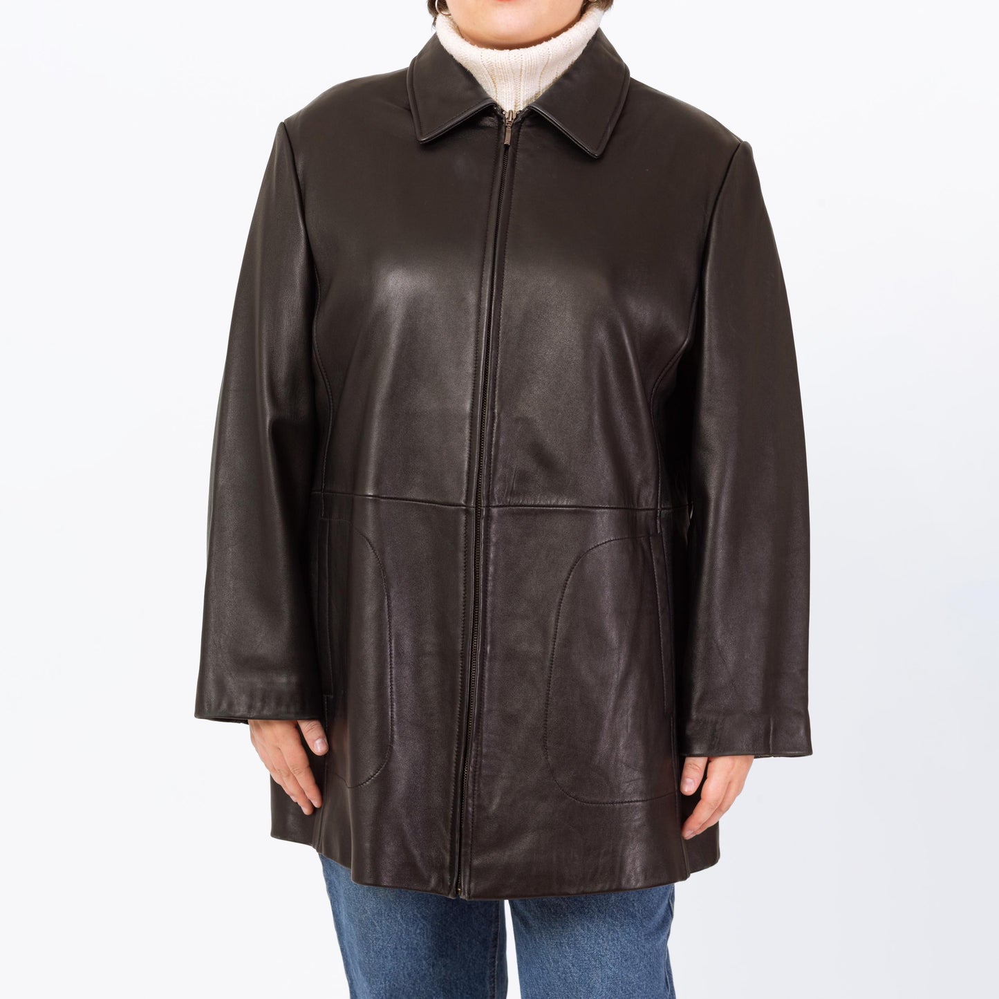 Vintage 90s Minimalist Black Leather Jacket - 2X | Liz Claiborne Zip Up Mid Length Coat