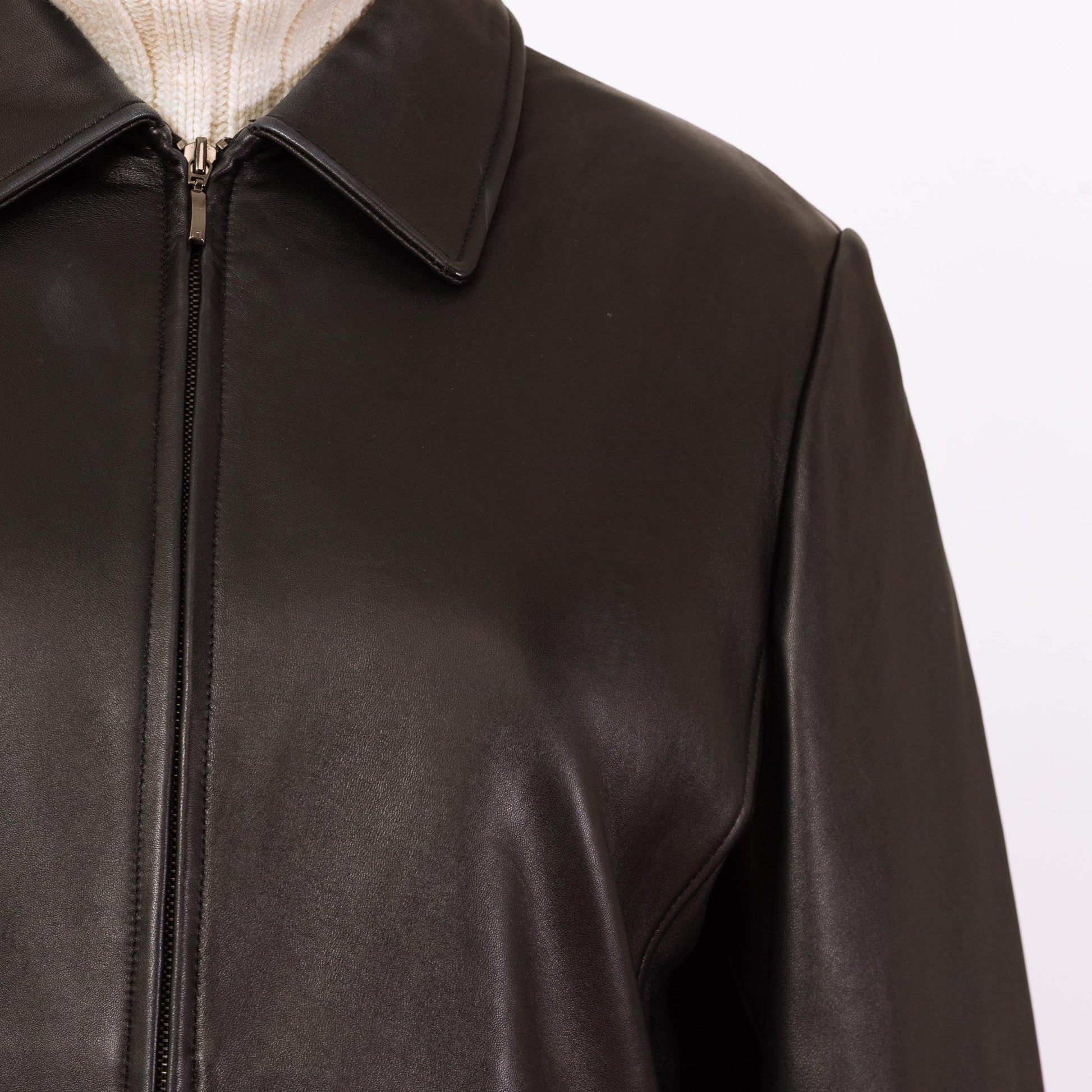 Vintage 90s Minimalist Black Leather Jacket - 2X | Liz Claiborne Zip Up Mid Length Coat