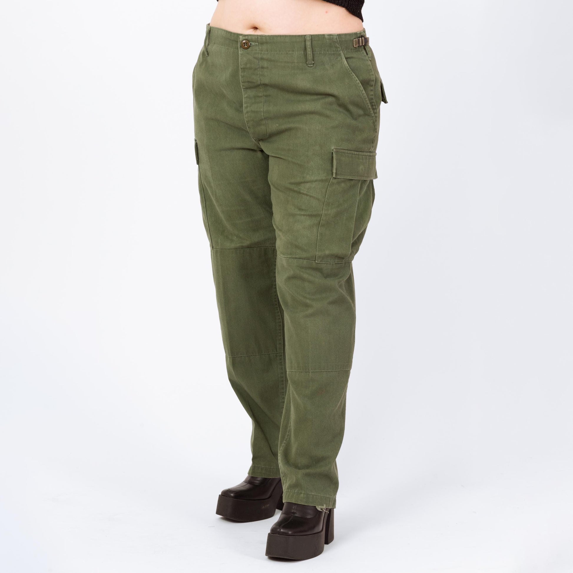 Vintage 90s Army Green Unisex Cargo Field Pants - 34"-39" Waist | High Waist Olive Drab Military Commando Pants