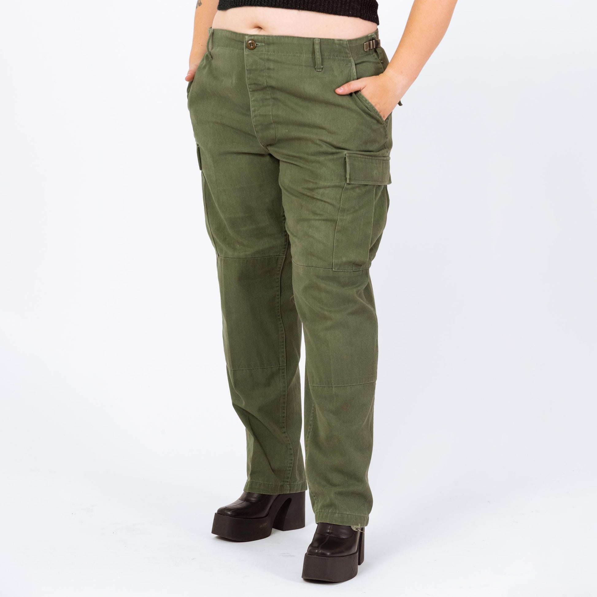 Vintage 90s Army Green Unisex Cargo Field Pants - 34"-39" Waist | High Waist Olive Drab Military Commando Pants