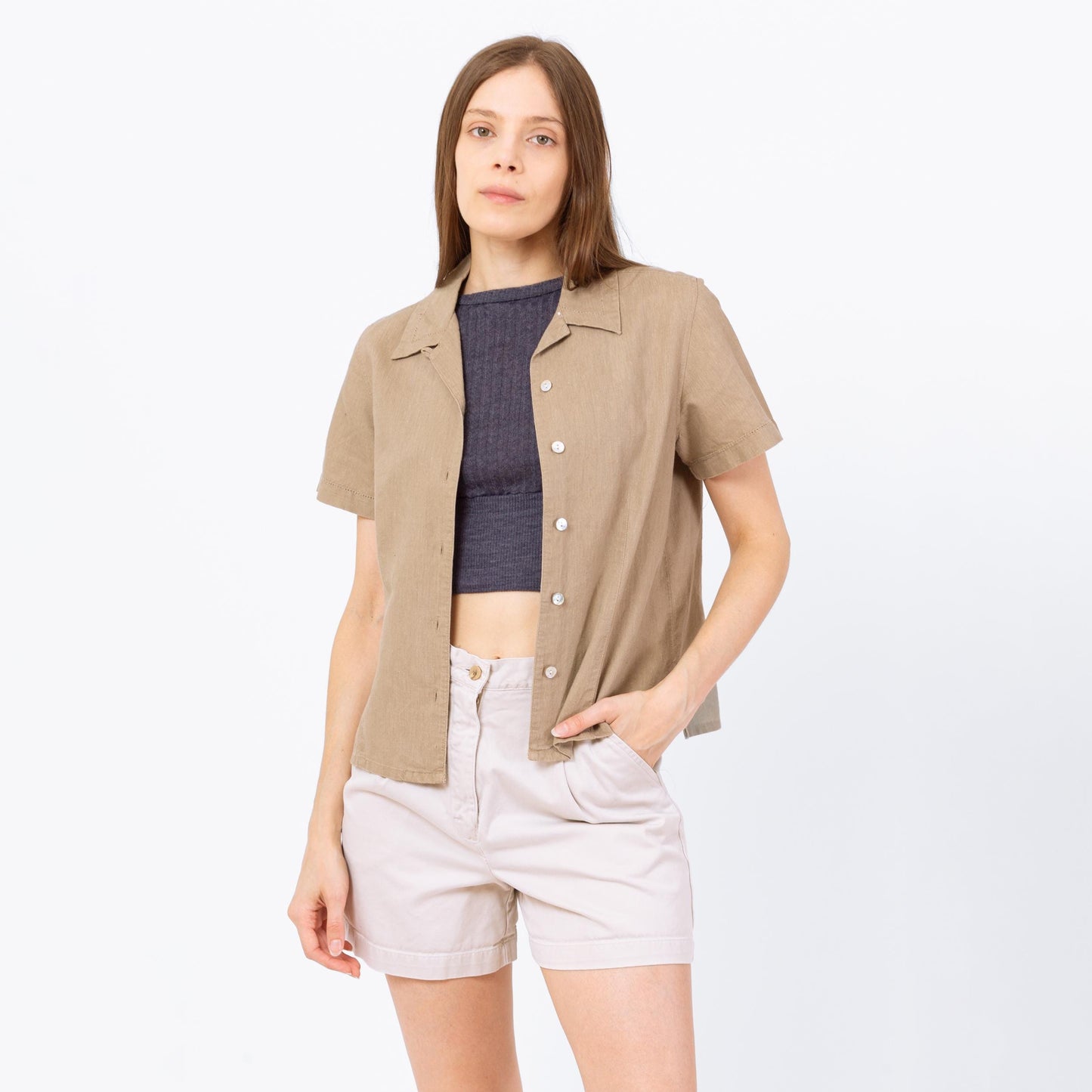 Vintage 90s Tan Linen Button Up Top - Small | Minimalist Short Sleeve Shirt, Cropped Collared Eyelet Trim Blouse