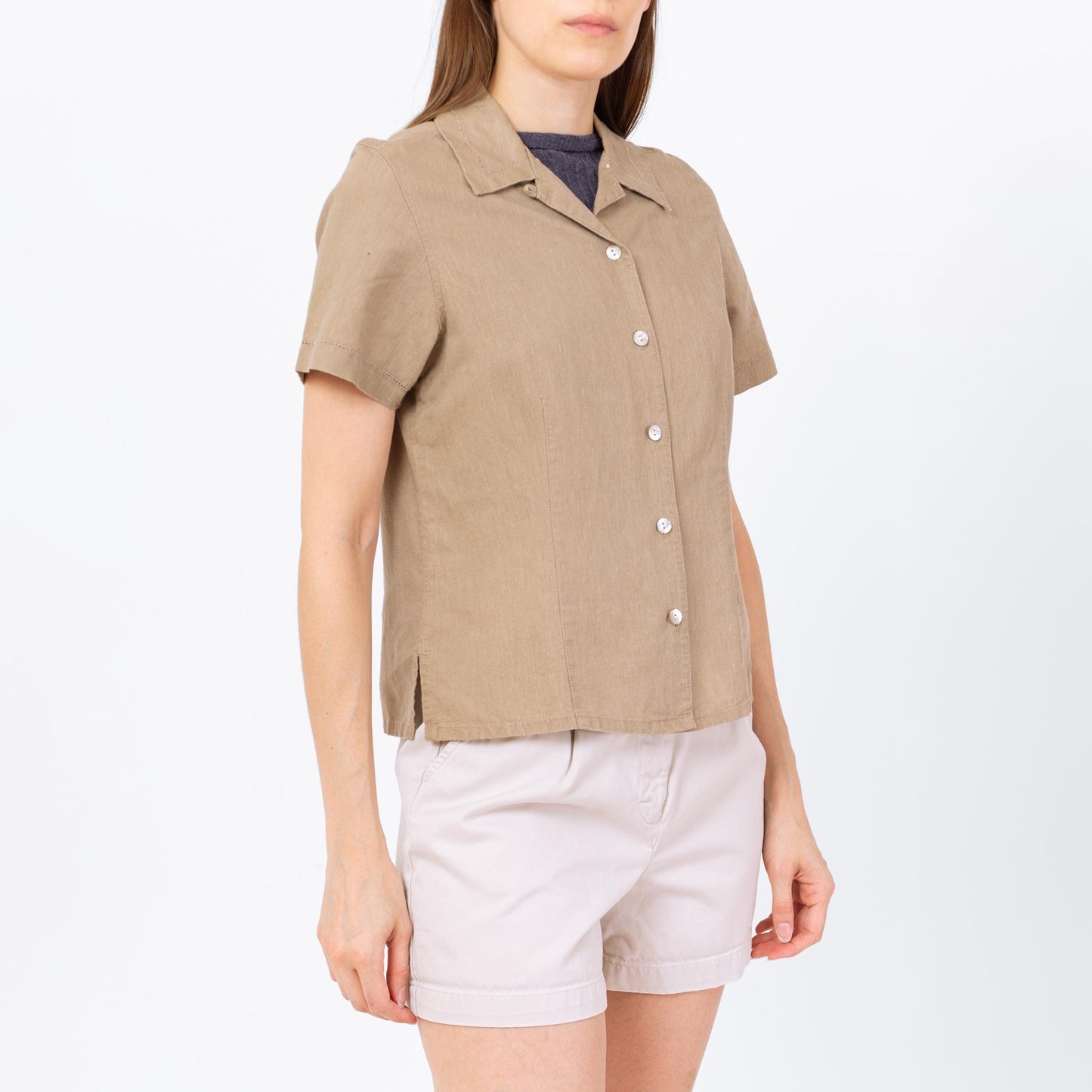 Vintage 90s Tan Linen Button Up Top - Small | Minimalist Short Sleeve Shirt, Cropped Collared Eyelet Trim Blouse