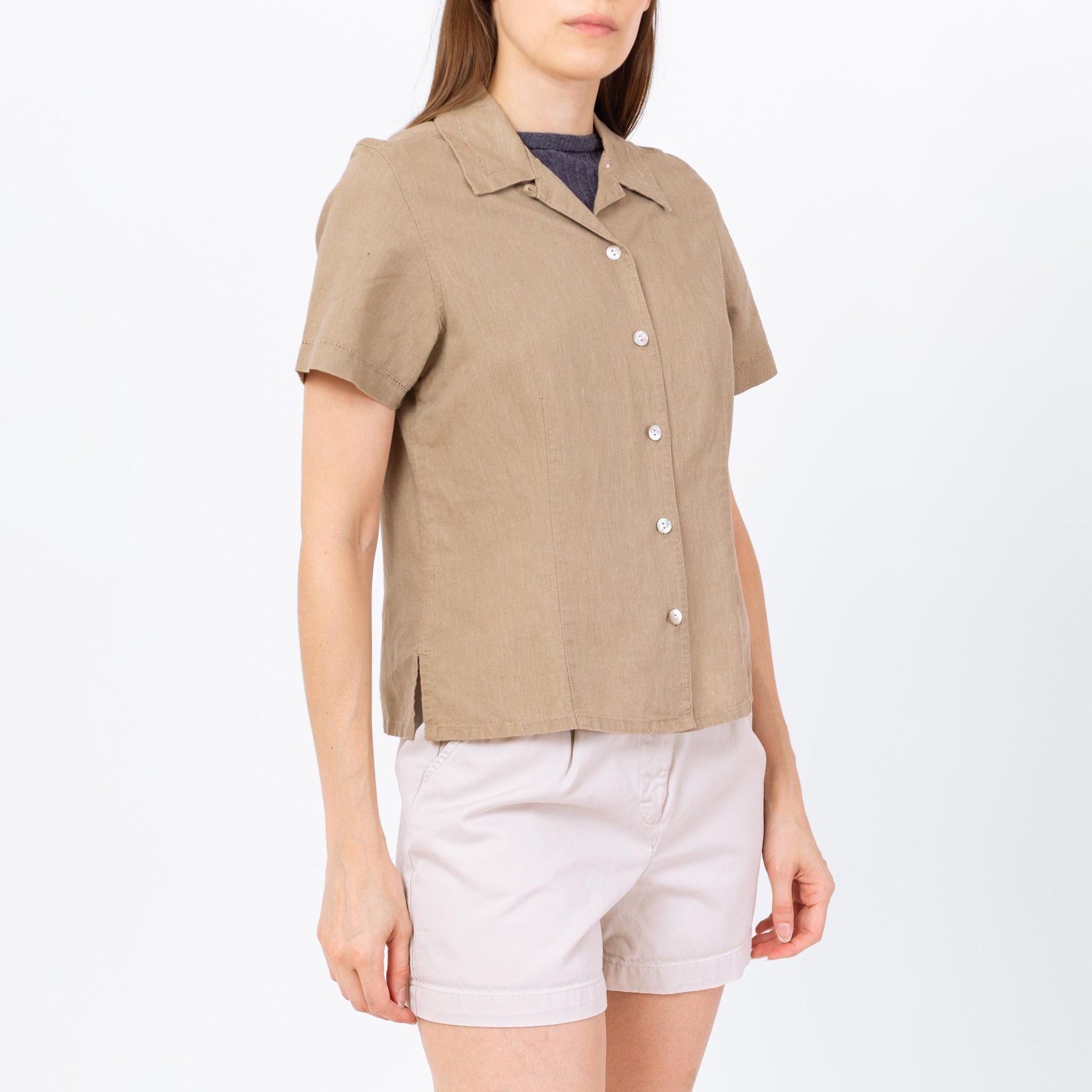 Vintage 90s Tan Linen Button Up Top - Small | Minimalist Short Sleeve Shirt, Cropped Collared Eyelet Trim Blouse