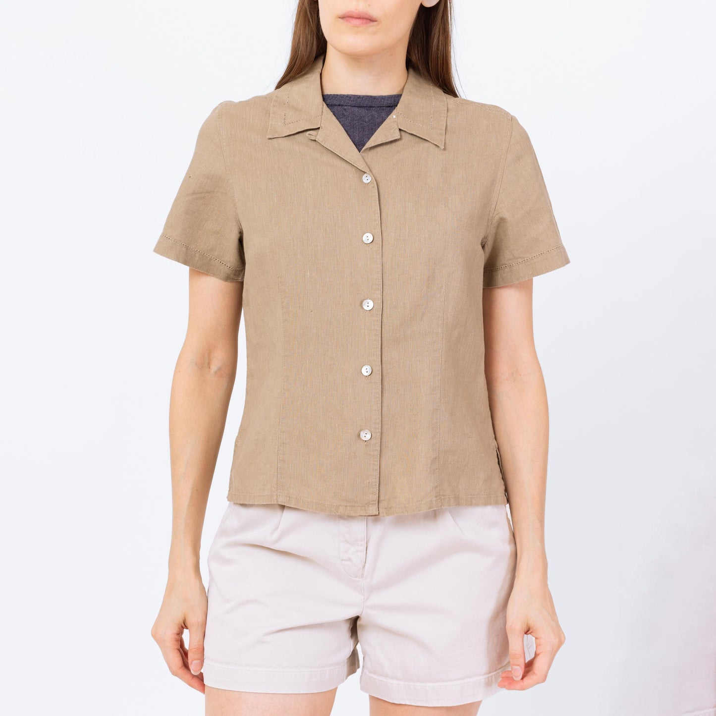 Vintage 90s Tan Linen Button Up Top - Small | Minimalist Short Sleeve Shirt, Cropped Collared Eyelet Trim Blouse