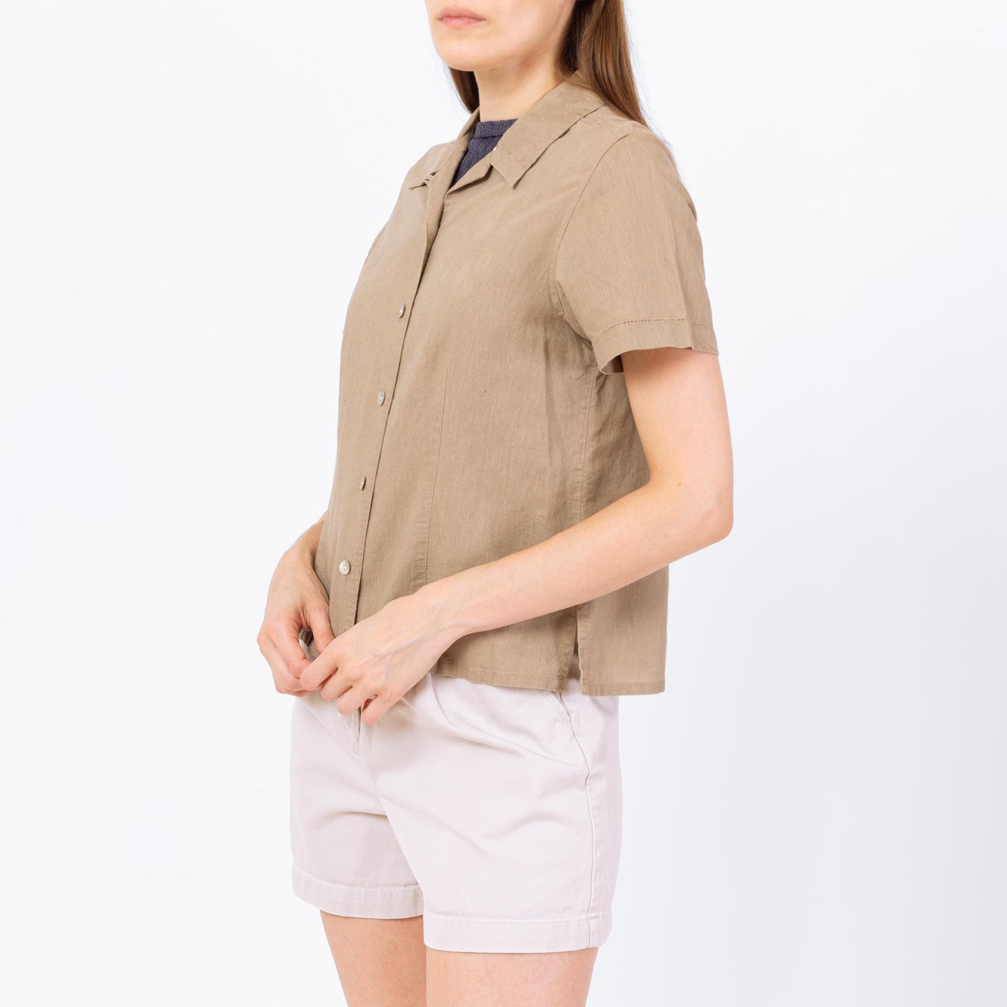 Vintage 90s Tan Linen Button Up Top - Small | Minimalist Short Sleeve Shirt, Cropped Collared Eyelet Trim Blouse