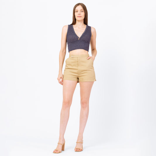 Vintage 70s High Waist Khaki Shorts - Small, 25"-27" Waist | Tan Cotton Blend Retro Mini Summer Shorts