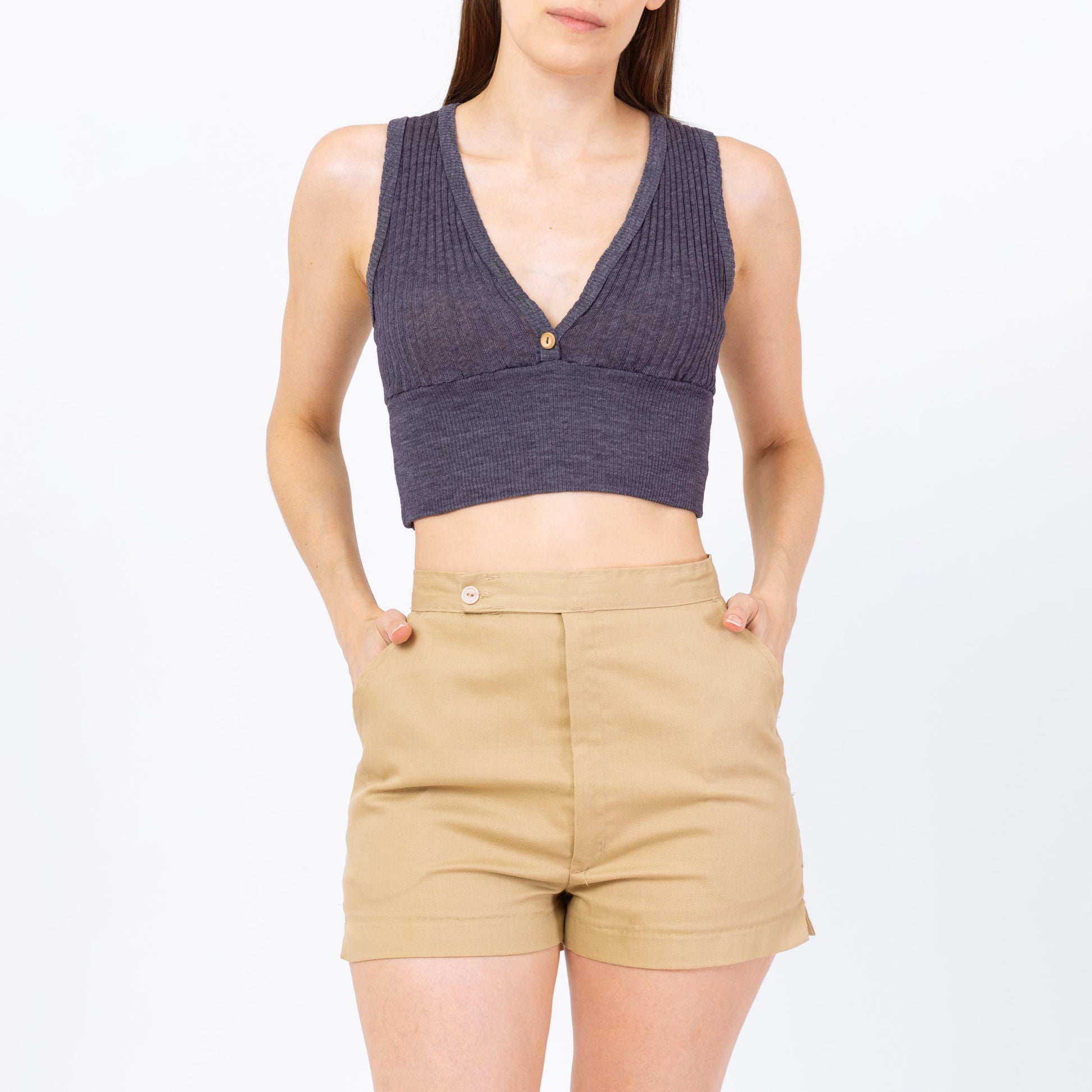 Vintage 70s High Waist Khaki Shorts - Small, 25"-27" Waist | Tan Cotton Blend Retro Mini Summer Shorts