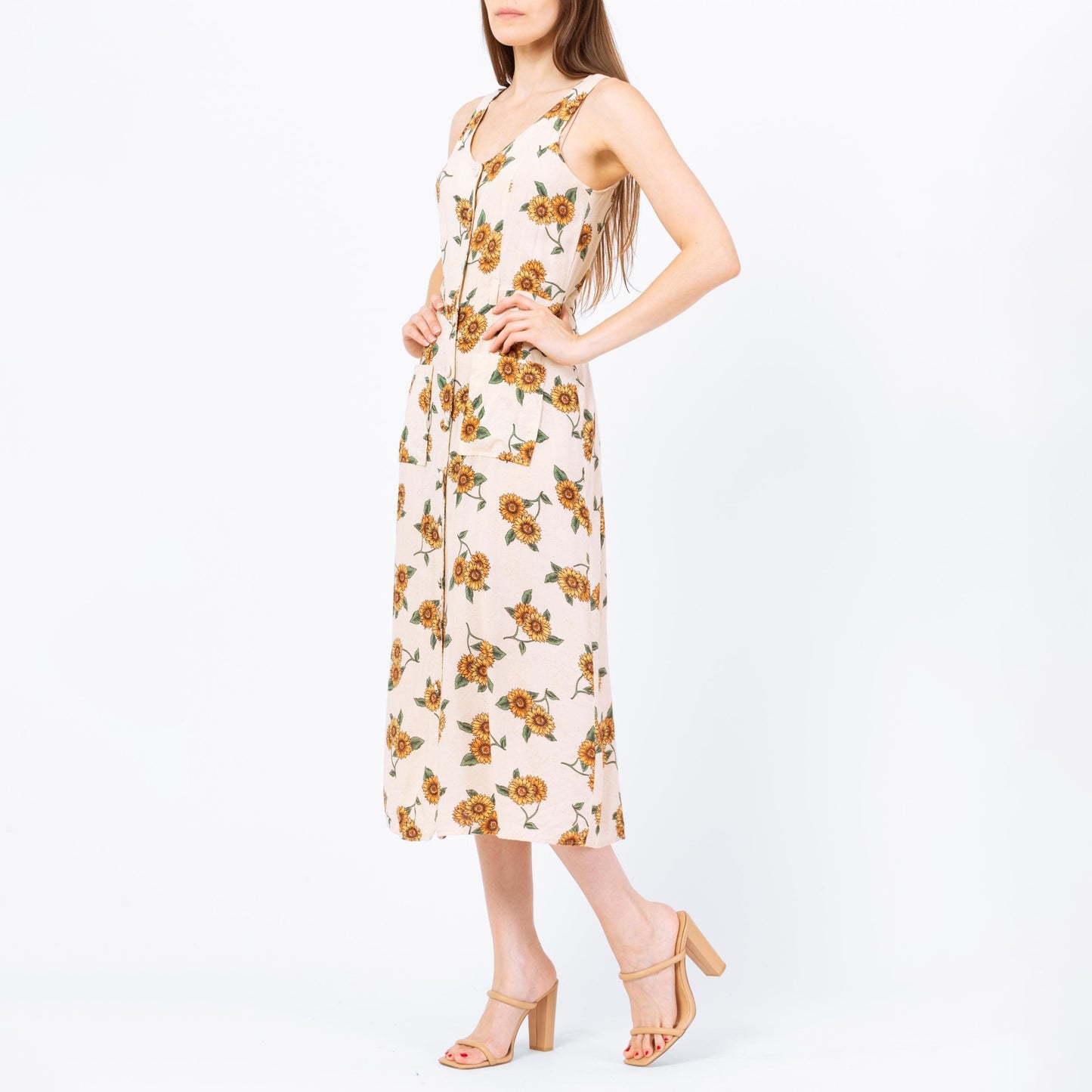 Vintage 90s Sunflower Floral Print Midi Sundress - Small | Boho Sleeveless Rayon Summer Dress With Pockets