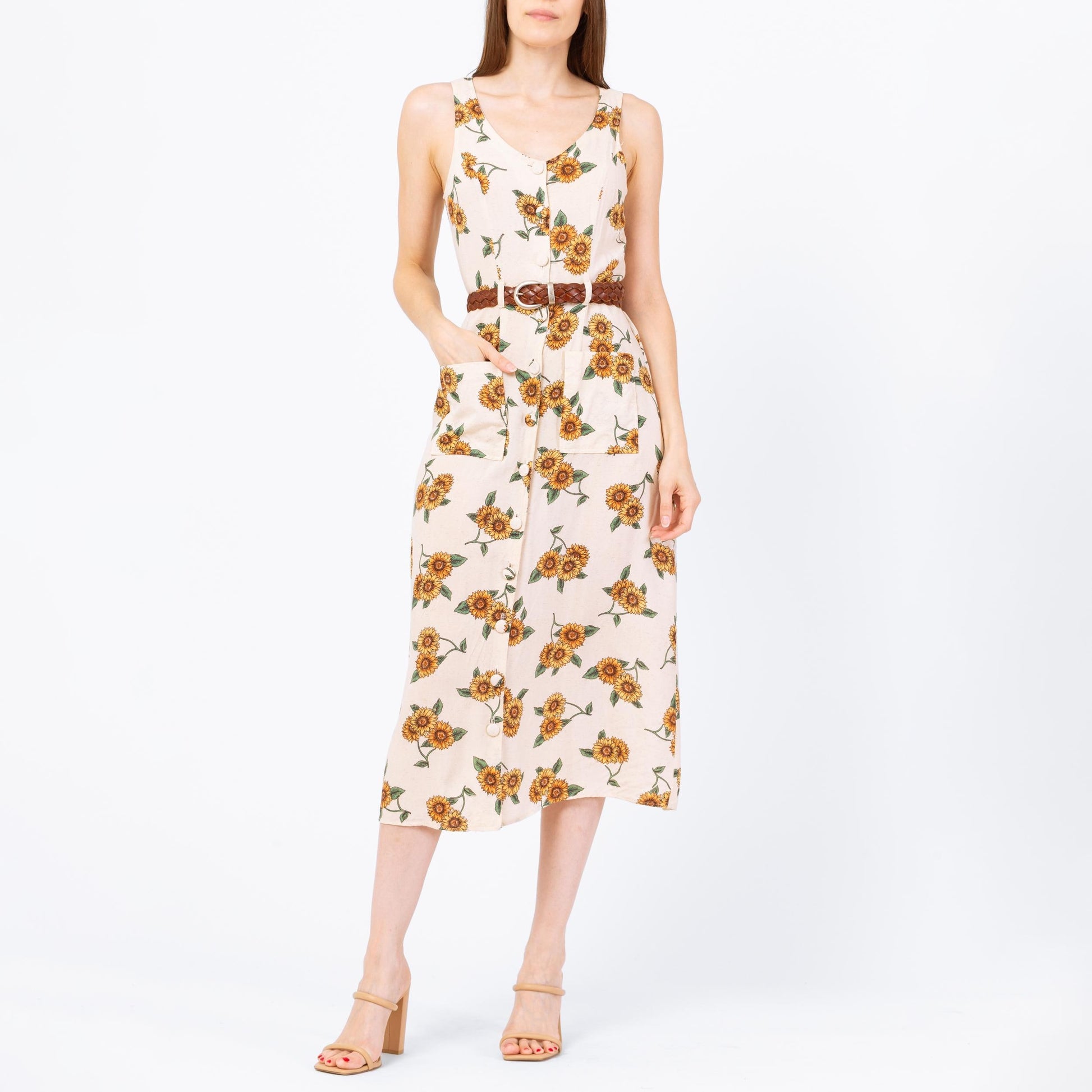 Vintage 90s Sunflower Floral Print Midi Sundress - Small | Boho Sleeveless Rayon Summer Dress With Pockets