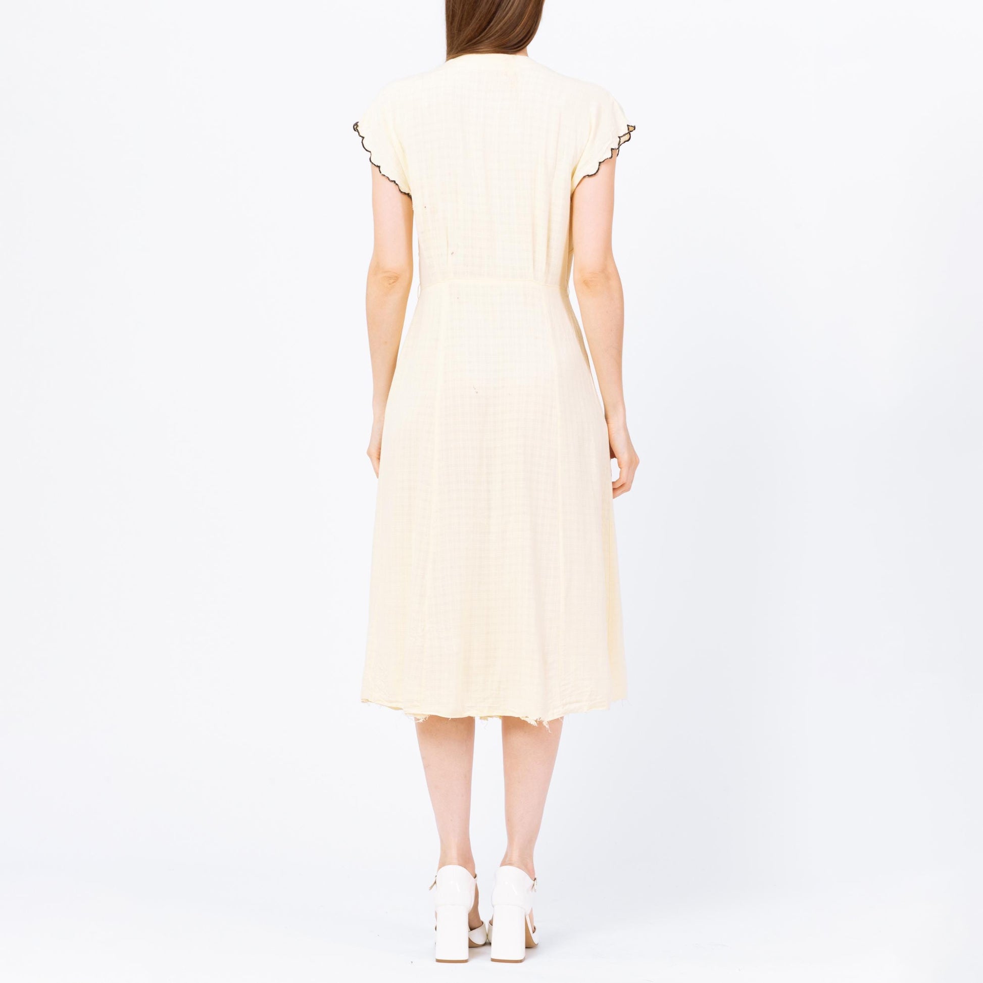 Vintage 40s 50s Butter Yellow Floral Cutout Day Dress, As Is - Medium | Retro Short Sleeve Button Up Midi Shirtwaist Dress