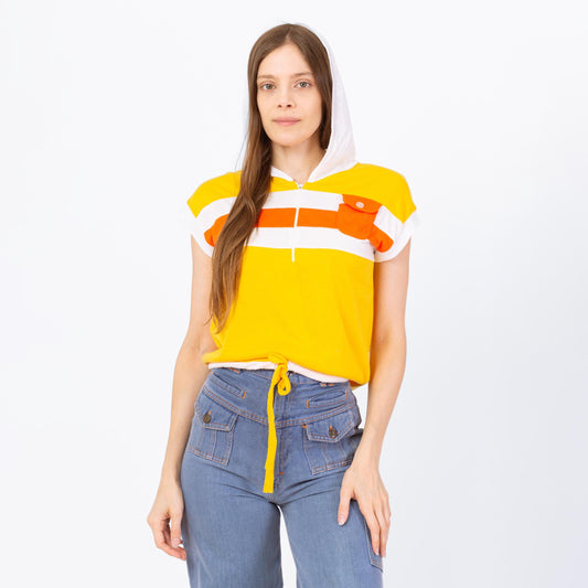 Vintage 70s Yellow Striped Hoodie Crop Top - Small to Medium | Retro Hooded Cap Sleeve Cropped Drawstring Waist Shirt