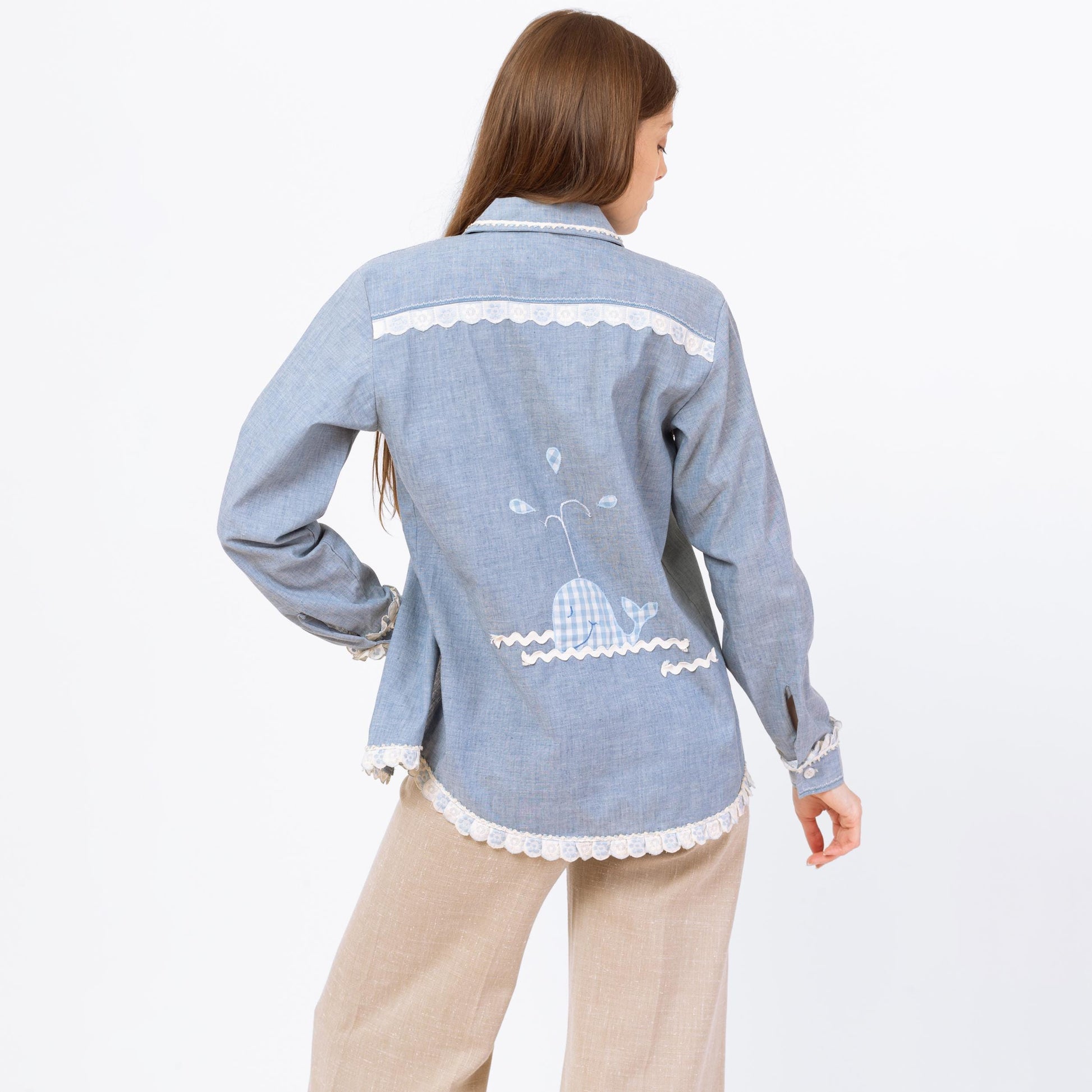 Vintage 70s Chambray Whale Applique Shirt - Small to Medium | Blue Novelty Floral Ric Rac Trim Button Up Long Sleeve Top