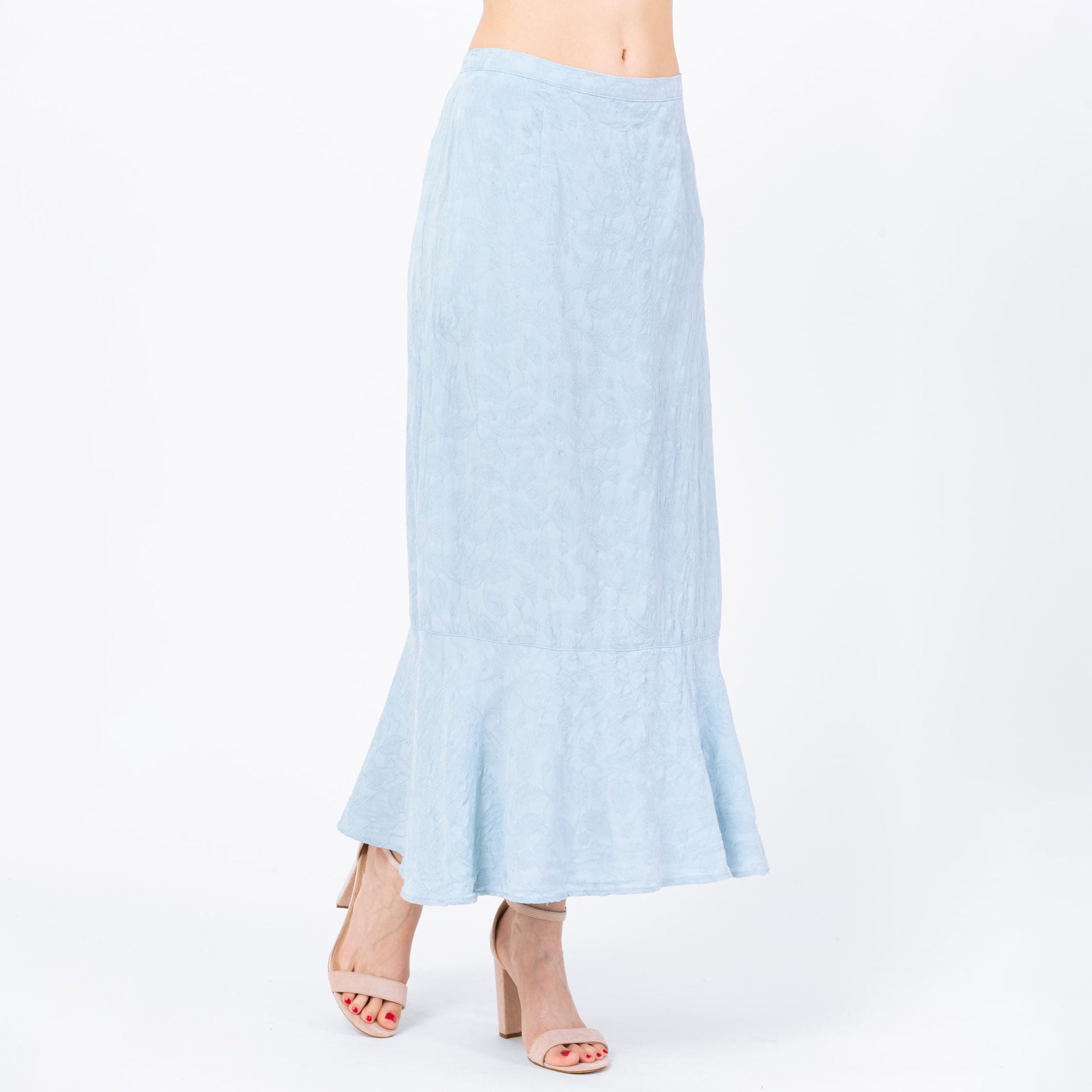 Vintage 90s Light Blue Jacquard Leaf Print Maxi Skirt - Medium, 27"-29" Waist | Boho High Waisted Long Summer Skirt