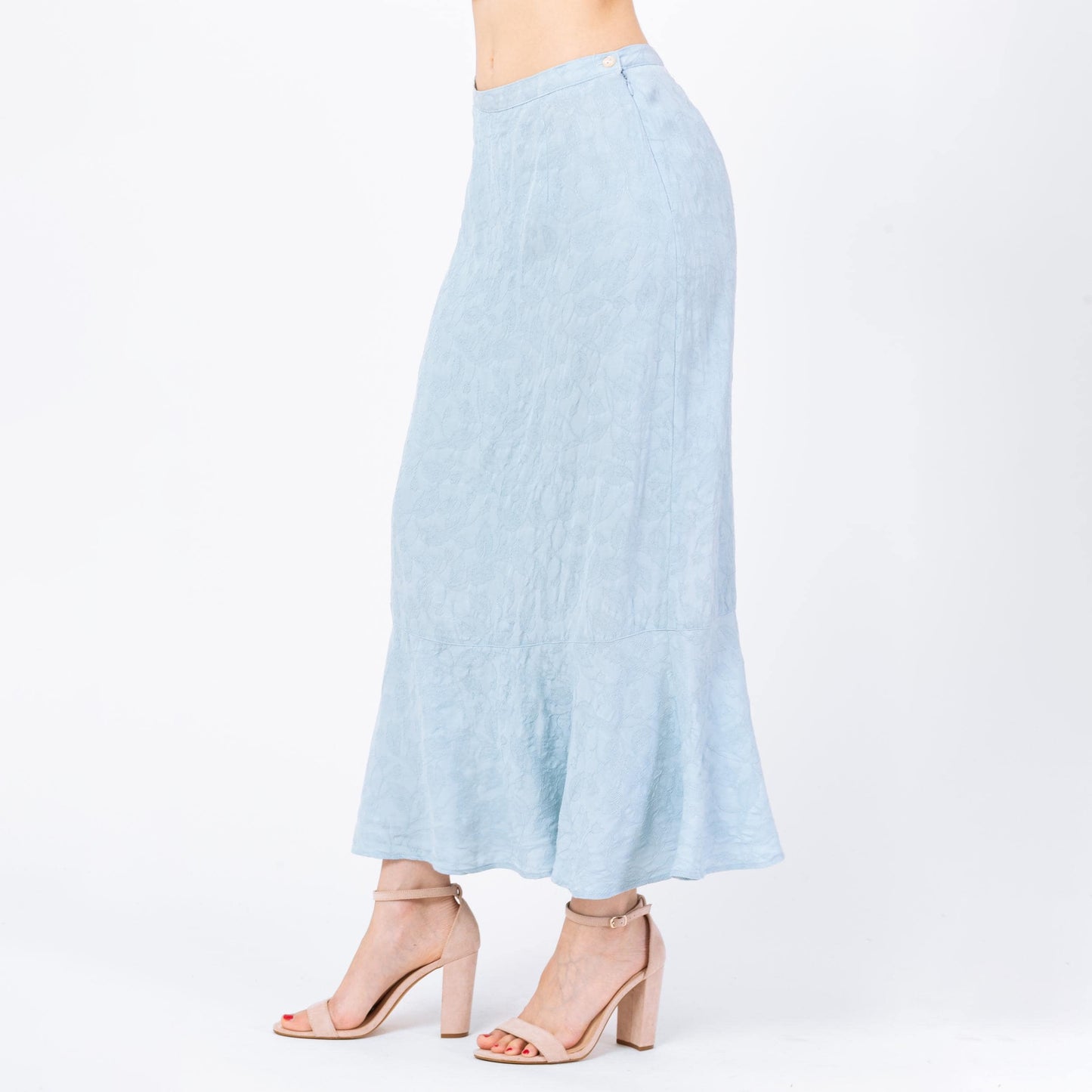 Vintage 90s Light Blue Jacquard Leaf Print Maxi Skirt - Medium, 27"-29" Waist | Boho High Waisted Long Summer Skirt