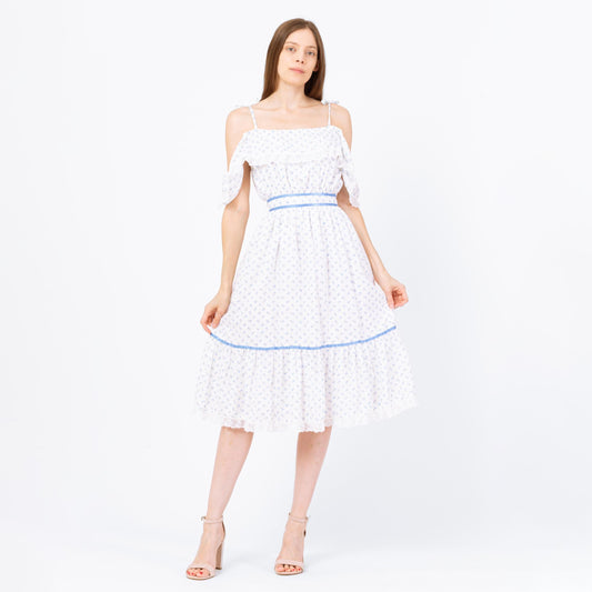 Vintage 70s White & Blue Floral Off-Shoulder Midi Prairie Dress - Extra Small | Boho Calico Lace Trim Fit Flare Peasant Sundress