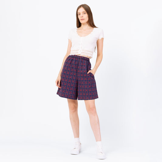 Vintage 90s School House Motif Plaid Cotton Lounge Shorts - Small, 23"-27" Waist | Novelty Elastic High Waist Wide Leg Casual Summer Shorts