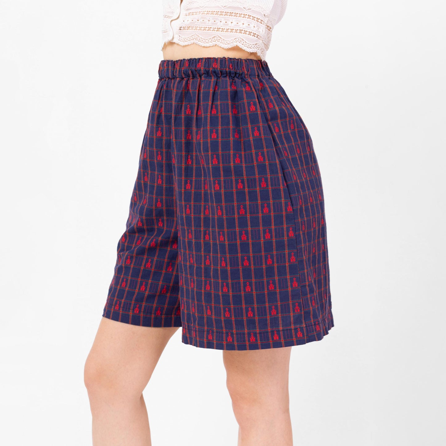 Vintage 90s School House Motif Plaid Cotton Lounge Shorts - Small, 23"-27" Waist | Novelty Elastic High Waist Wide Leg Casual Summer Shorts