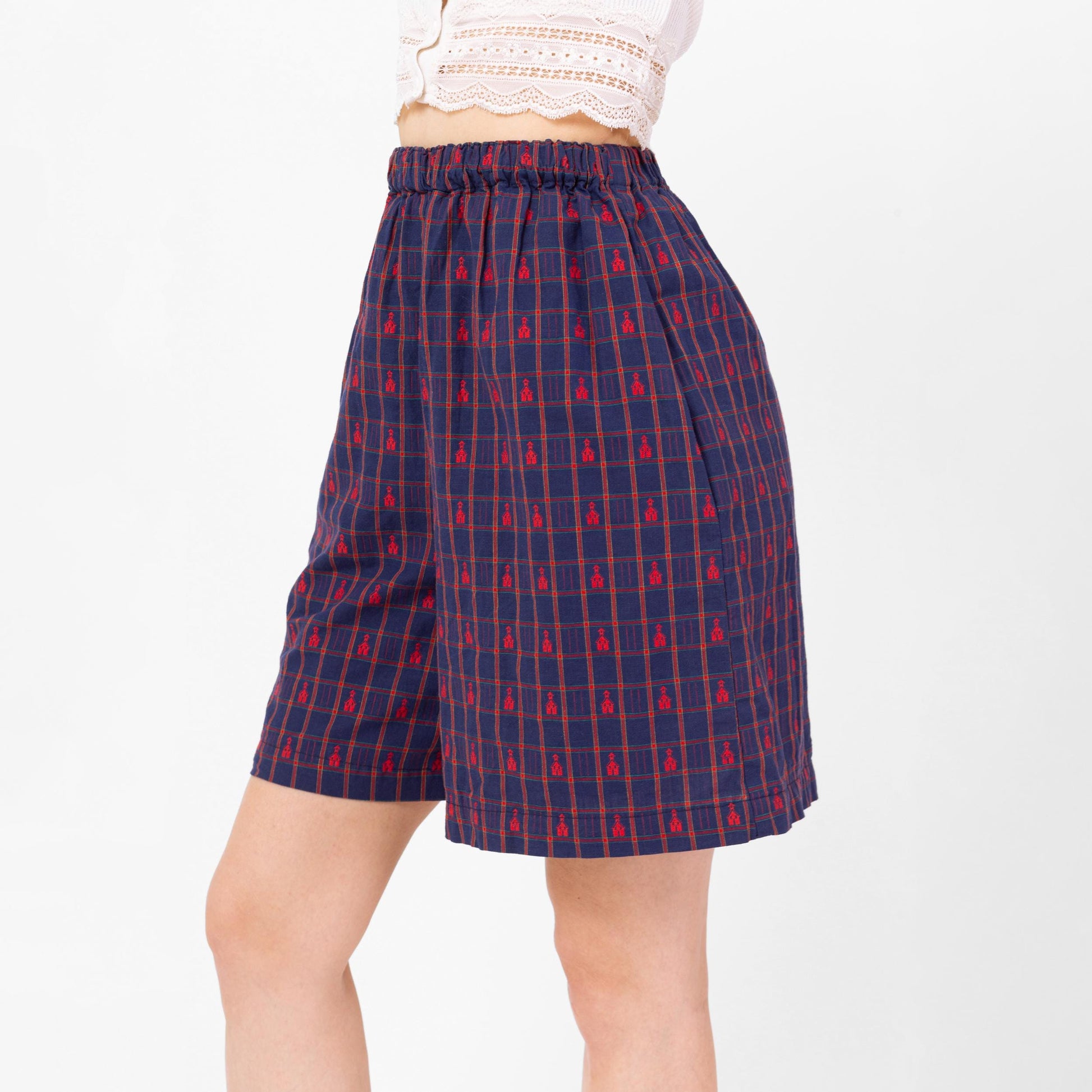 Vintage 90s School House Motif Plaid Cotton Lounge Shorts - Small, 23"-27" Waist | Novelty Elastic High Waist Wide Leg Casual Summer Shorts