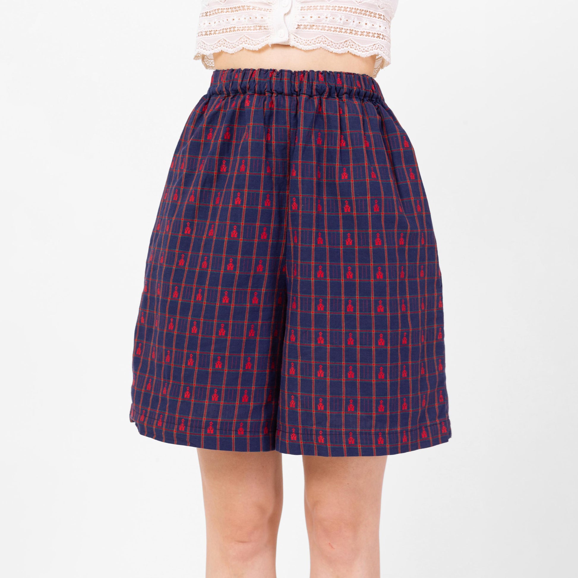 Vintage 90s School House Motif Plaid Cotton Lounge Shorts - Small, 23"-27" Waist | Novelty Elastic High Waist Wide Leg Casual Summer Shorts