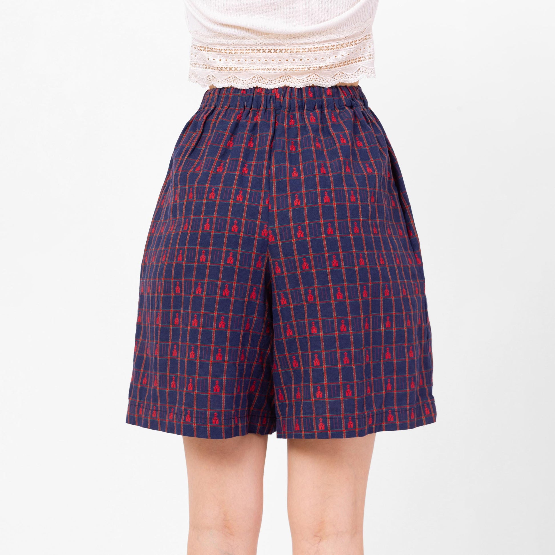 Vintage 90s School House Motif Plaid Cotton Lounge Shorts - Small, 23"-27" Waist | Novelty Elastic High Waist Wide Leg Casual Summer Shorts
