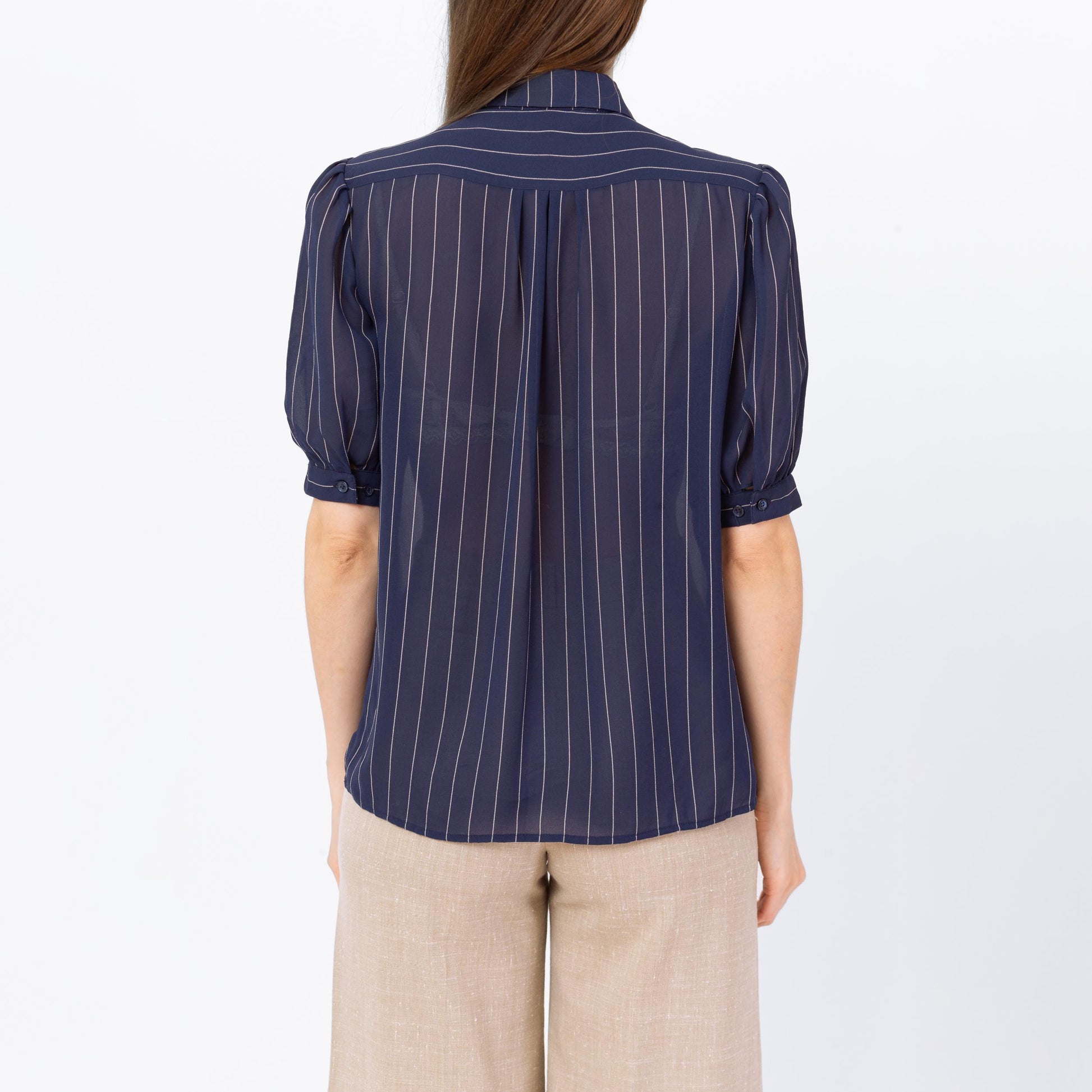 Vintage 70s Navy Blue Pinstriped Puff Sleeve Blouse - Small | Retro Sheer Top, Peter Pan Collar Shirt