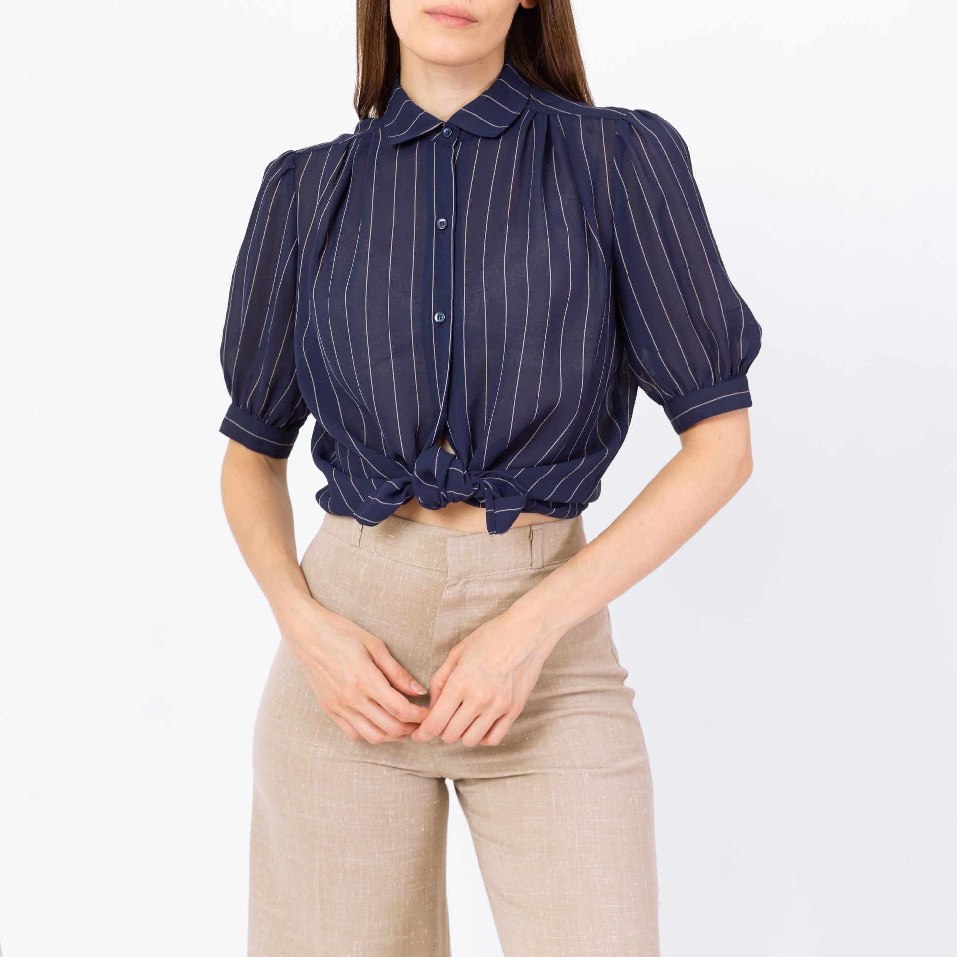 Vintage 70s Navy Blue Pinstriped Puff Sleeve Blouse - Small | Retro Sheer Top, Peter Pan Collar Shirt