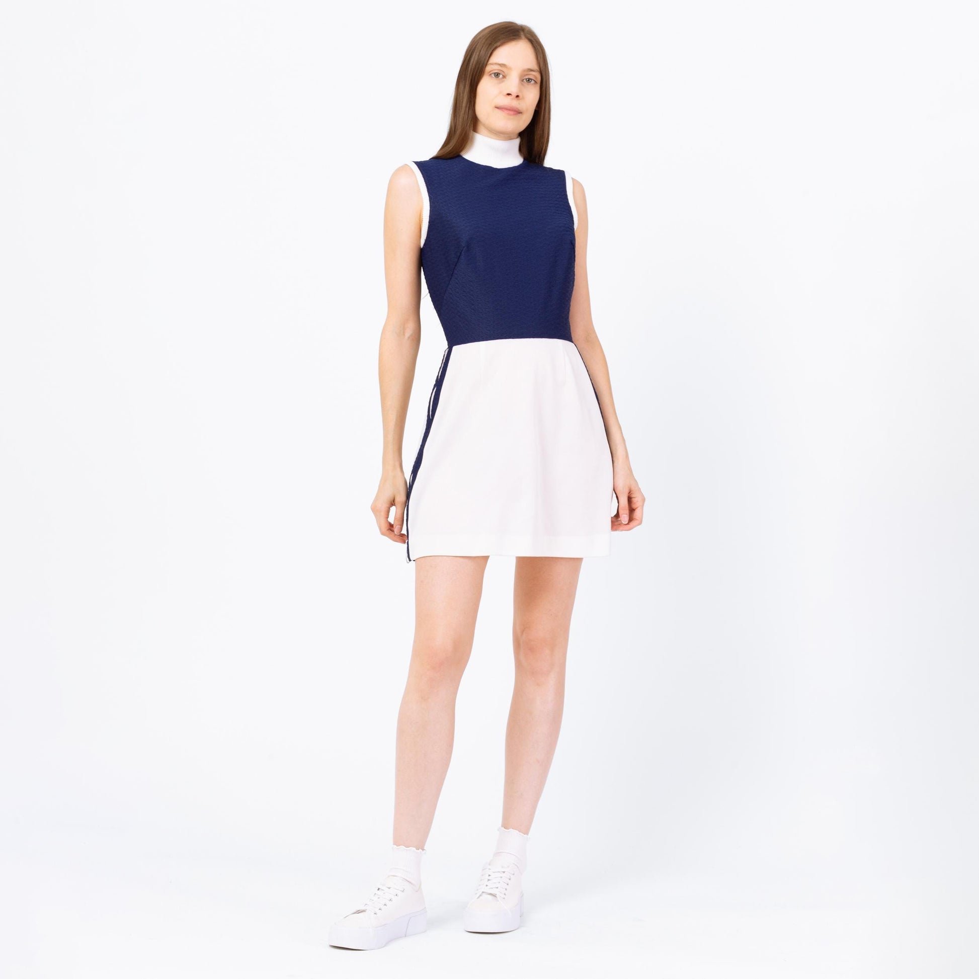 Vintage 70s Mod Ring Zipper Tennis Dress - Small | Preppy Sleeveless Sportsweaer Outfit, Retro Navy Blue White Striped Mini Dress