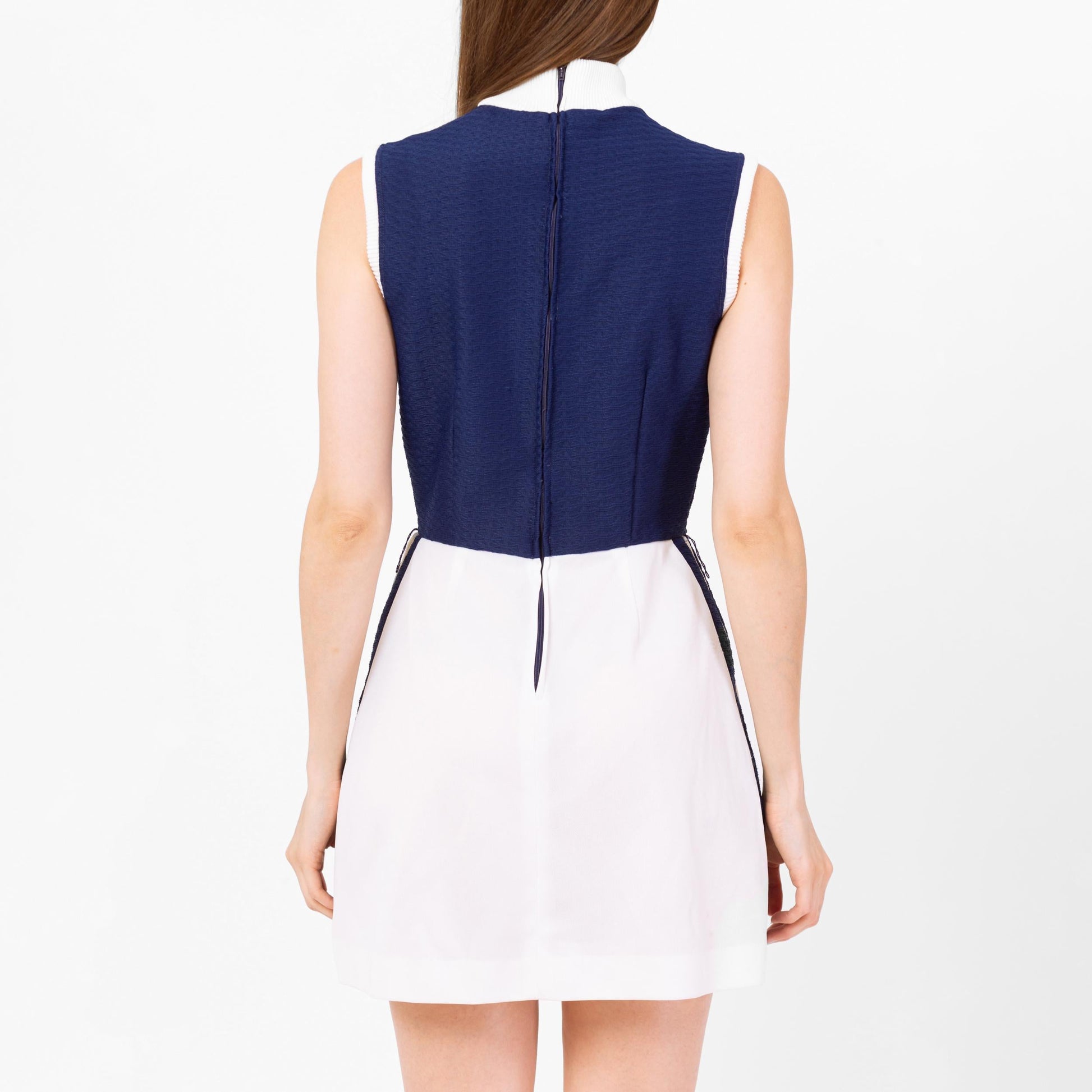 Vintage 70s Mod Ring Zipper Tennis Dress - Small | Preppy Sleeveless Sportsweaer Outfit, Retro Navy Blue White Striped Mini Dress