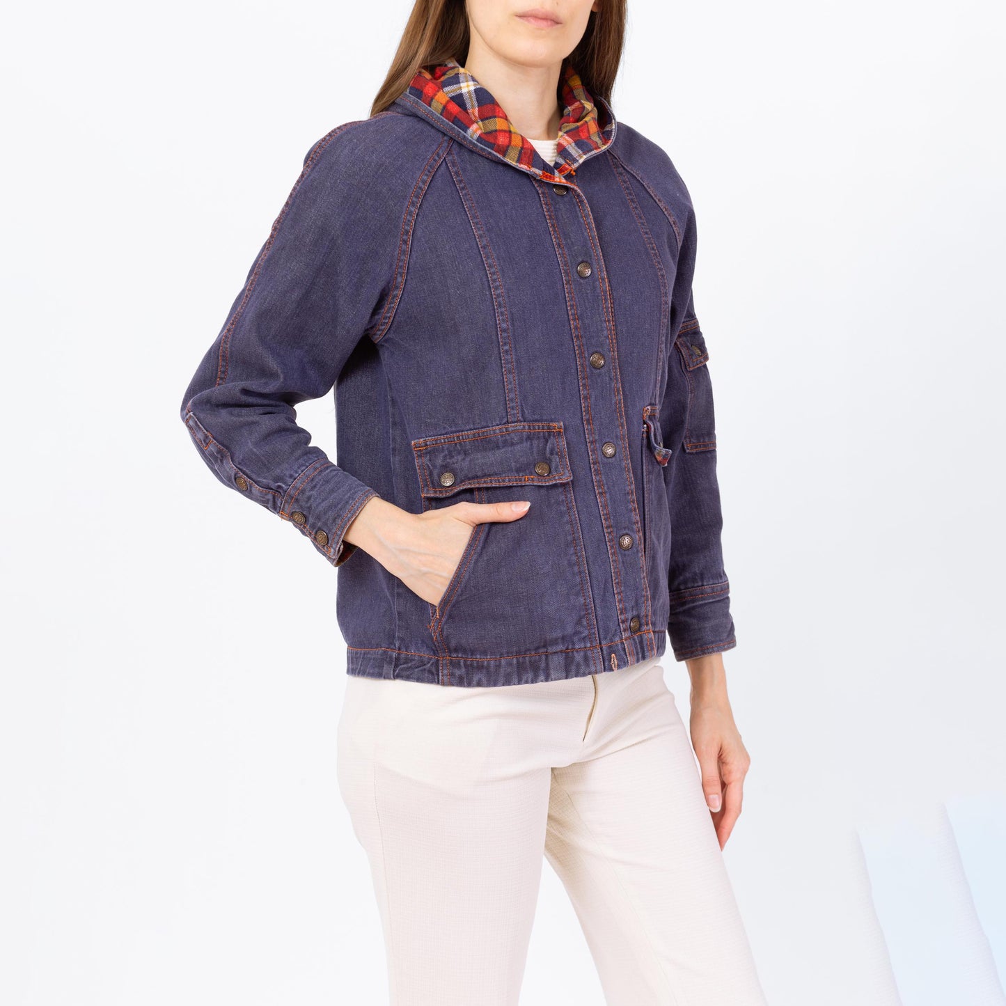 Vintage 70s Flannel Lined Hooded Jean Jacket - Small to Petite Medium | 1970s Dark Wash Denim Plaid Trim Cargo Pocket Jacket