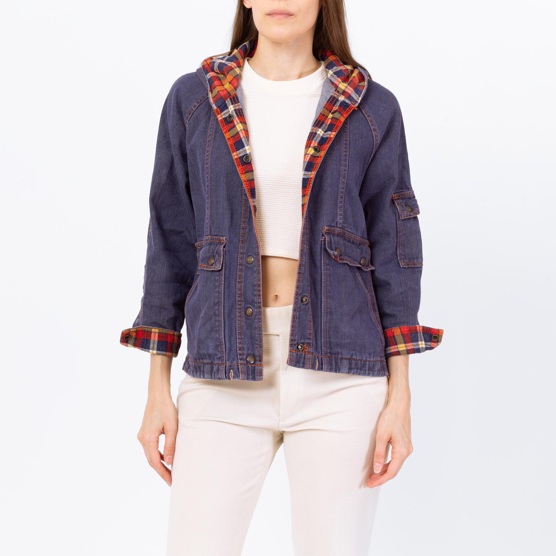 Vintage 70s Flannel Lined Hooded Jean Jacket - Small to Petite Medium | 1970s Dark Wash Denim Plaid Trim Cargo Pocket Jacket