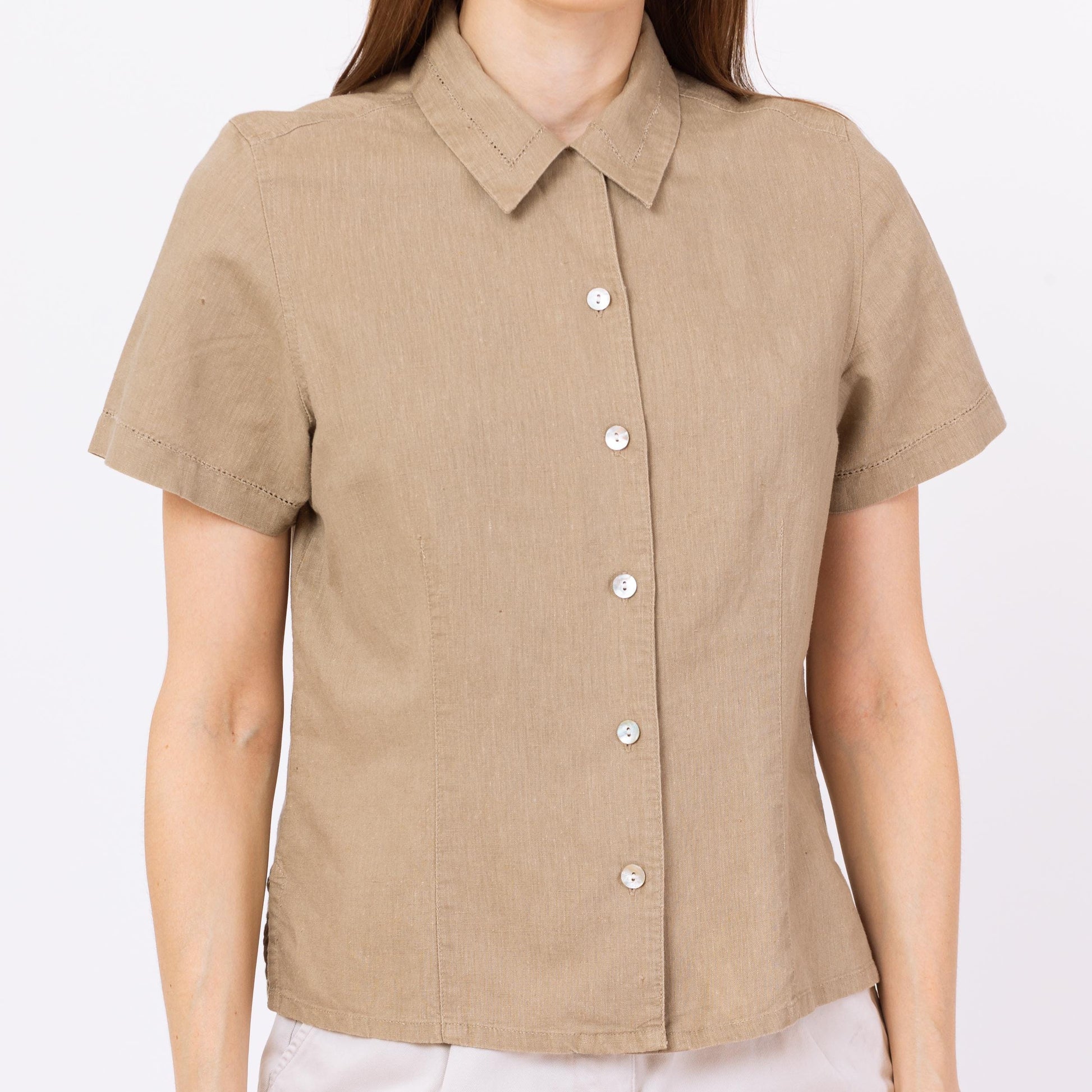 Vintage 90s Tan Linen Button Up Top - Small | Minimalist Short Sleeve Shirt, Cropped Collared Eyelet Trim Blouse