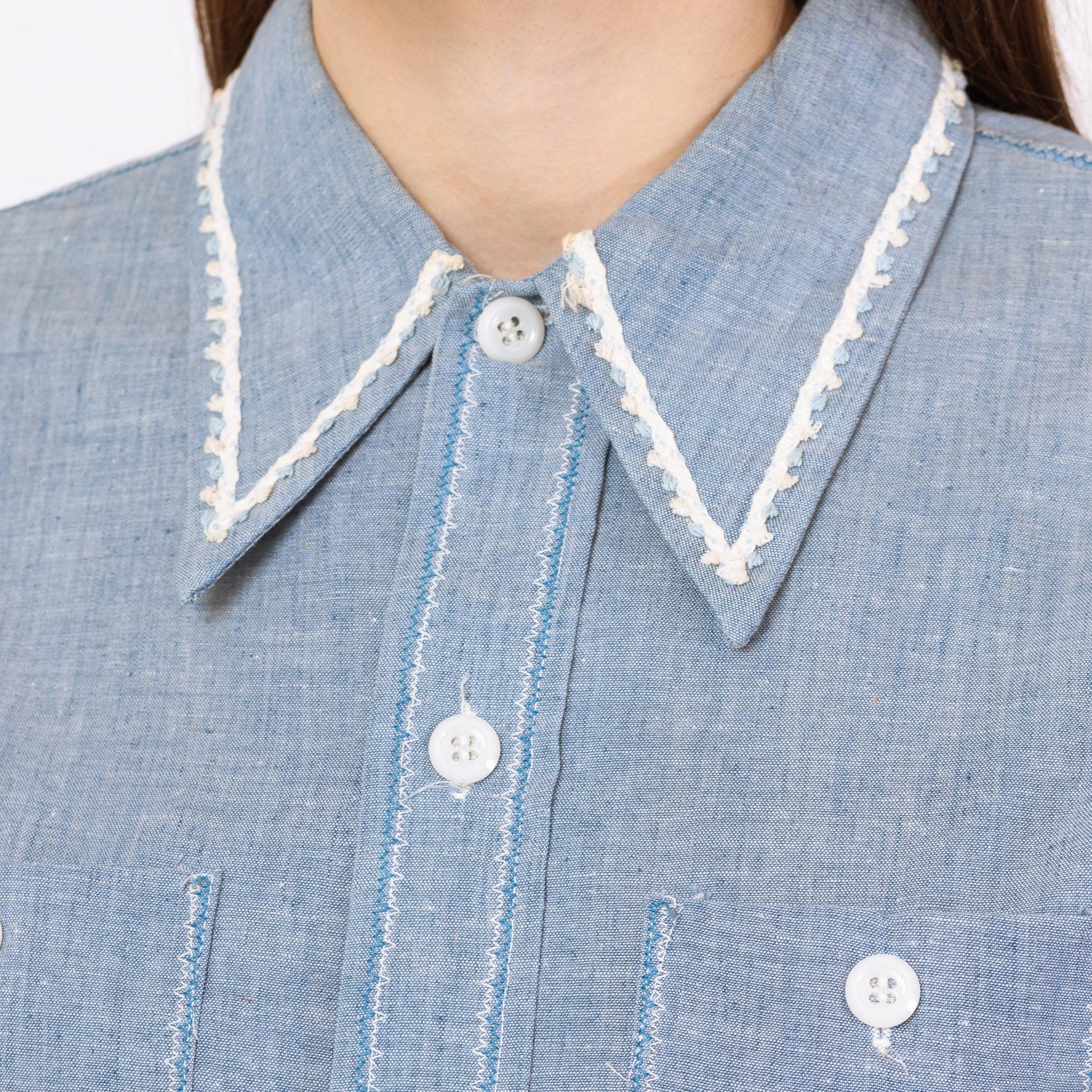 Vintage 70s Chambray Whale Applique Shirt - Small to Medium | Blue Novelty Floral Ric Rac Trim Button Up Long Sleeve Top