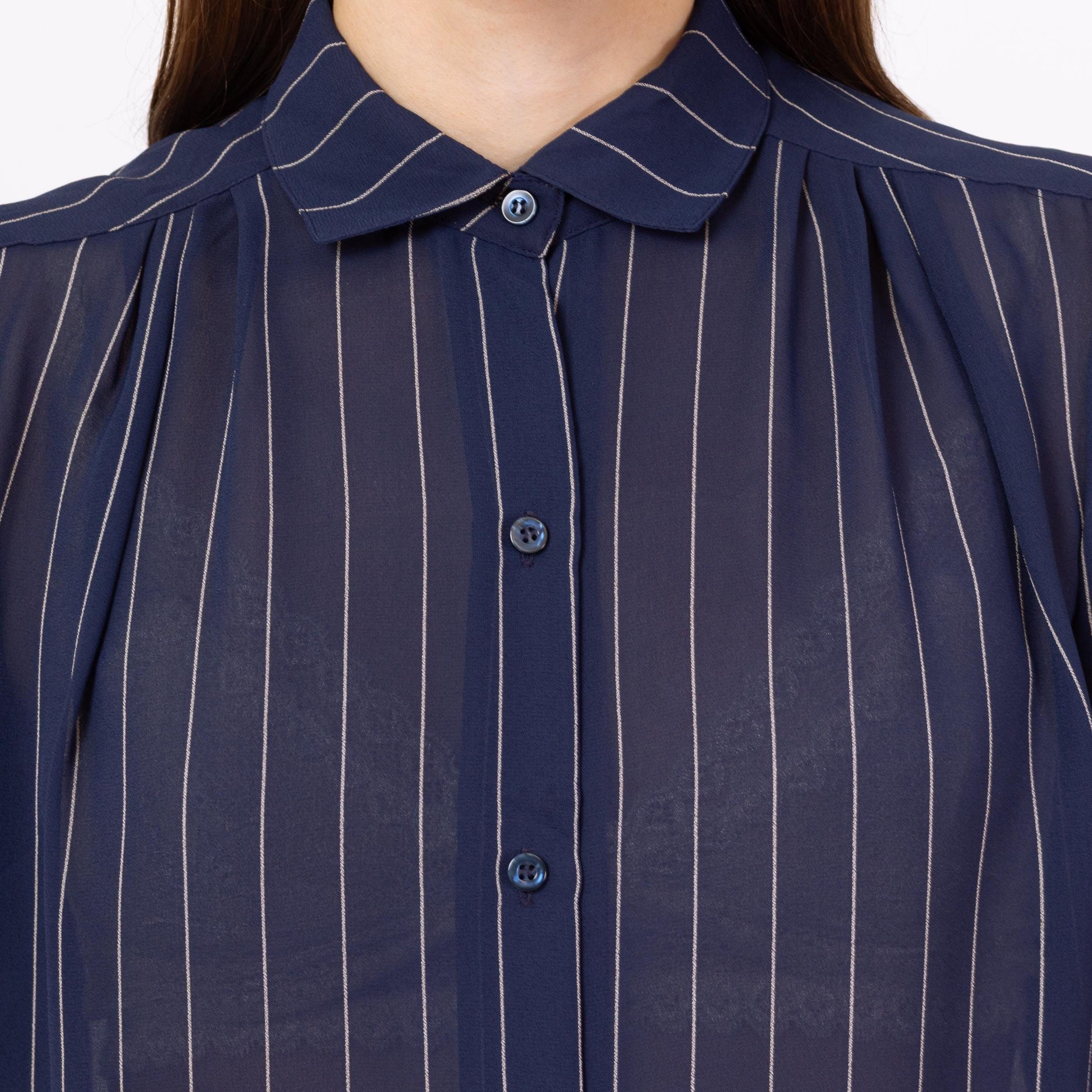 Vintage 70s Navy Blue Pinstriped Puff Sleeve Blouse - Small | Retro Sheer Top, Peter Pan Collar Shirt