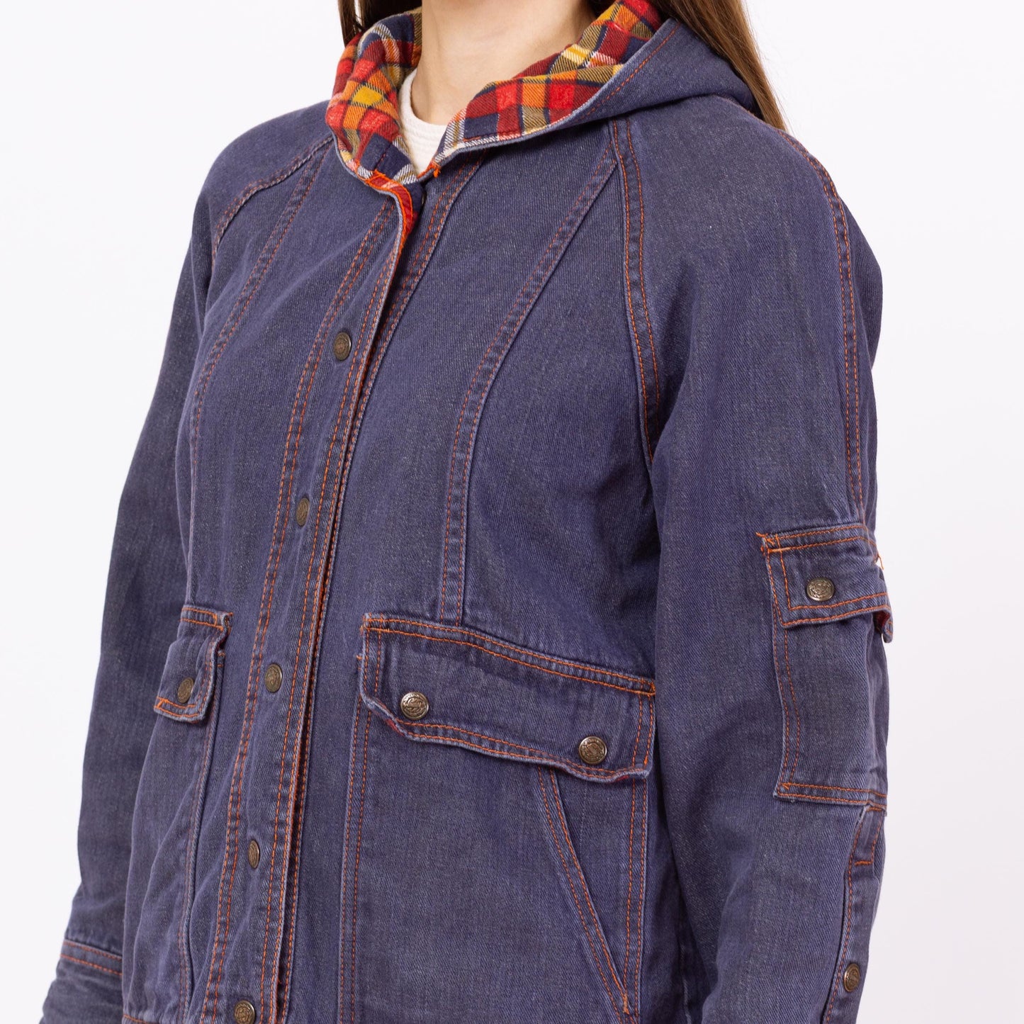 Vintage 70s Flannel Lined Hooded Jean Jacket - Small to Petite Medium | 1970s Dark Wash Denim Plaid Trim Cargo Pocket Jacket