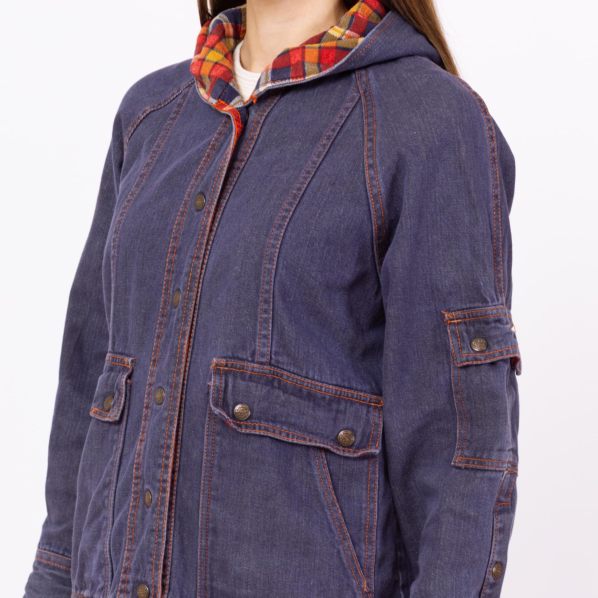 Vintage 70s Flannel Lined Hooded Jean Jacket - Small to Petite Medium | 1970s Dark Wash Denim Plaid Trim Cargo Pocket Jacket