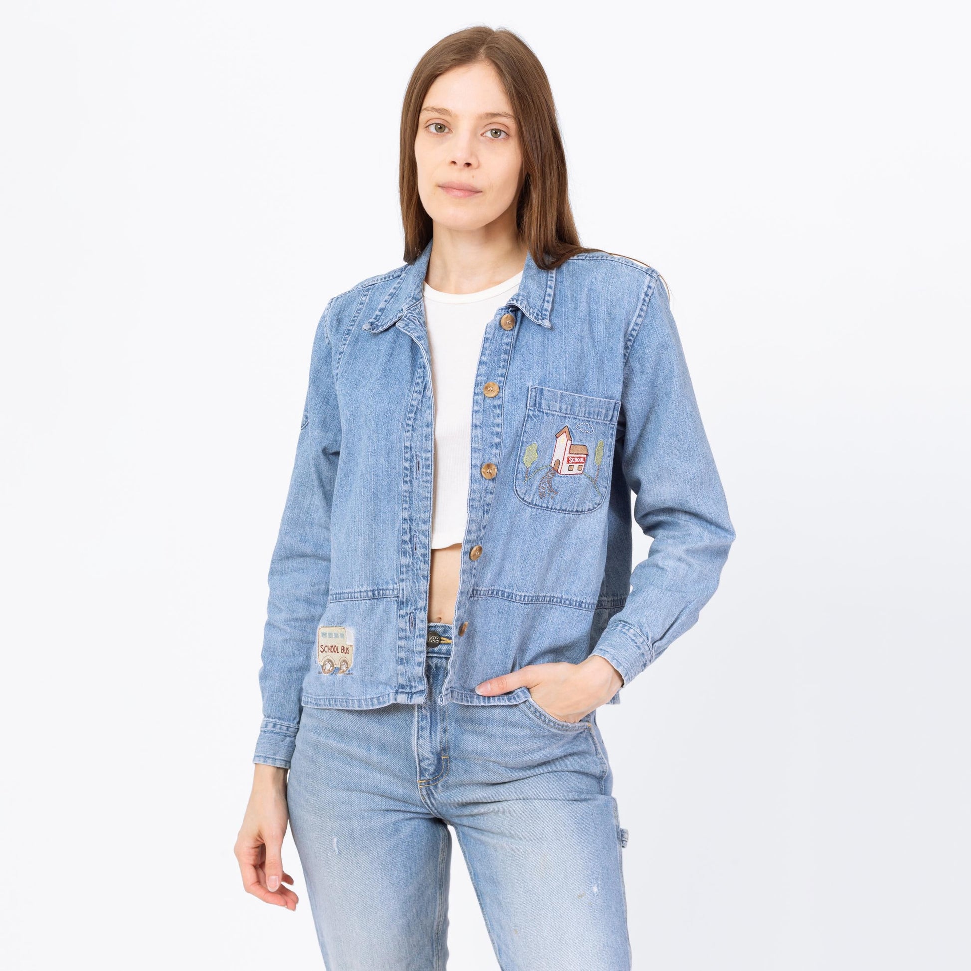 Vintage Y2K School Patch Chambray Shirt - Small | Novelty Button Up Long Sleeve Denim Top