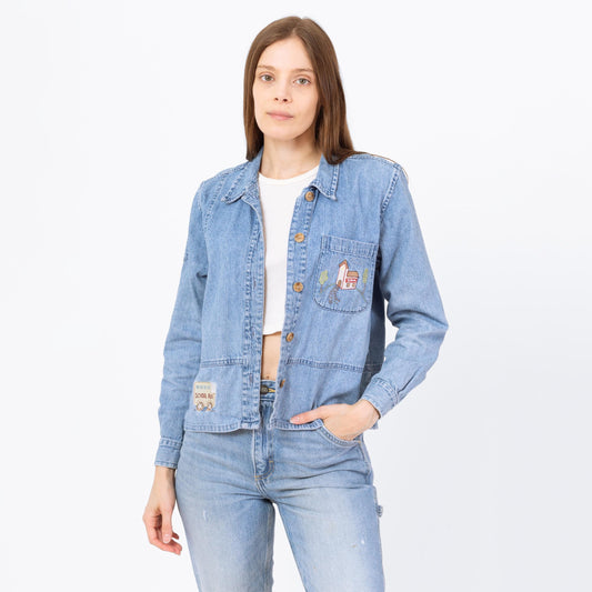 Vintage Y2K School Patch Chambray Shirt - Small | Novelty Button Up Long Sleeve Denim Top