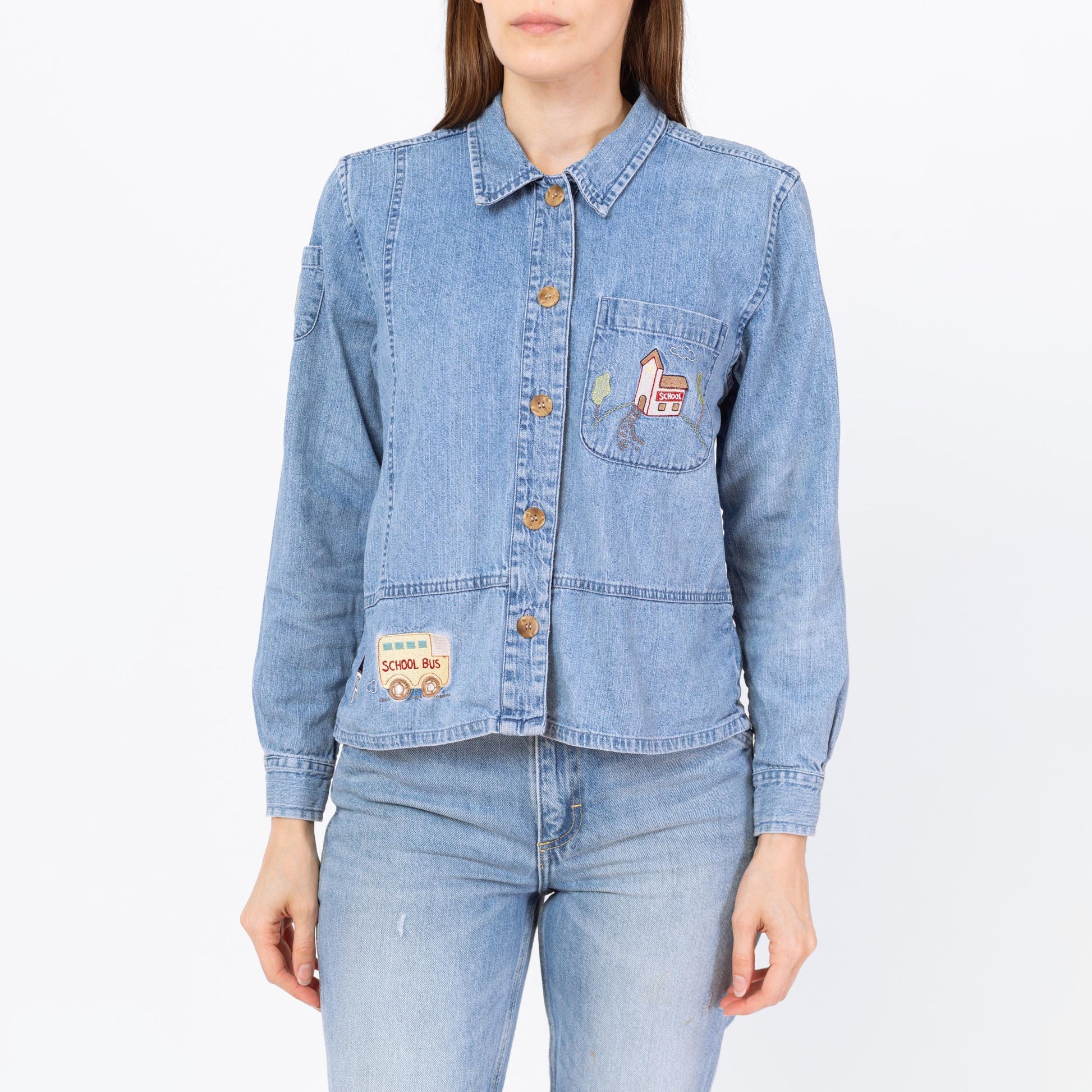 Vintage Y2K School Patch Chambray Shirt - Small | Novelty Button Up Long Sleeve Denim Top