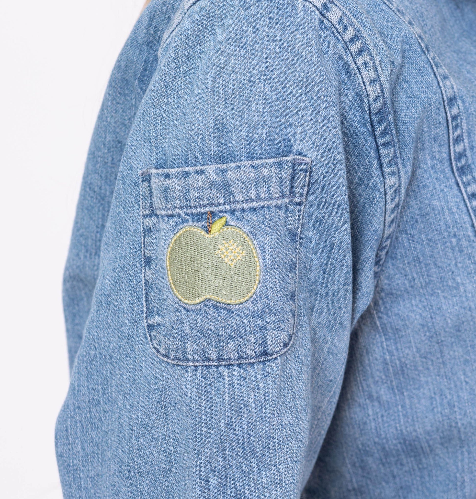 Vintage Y2K School Patch Chambray Shirt - Small | Novelty Button Up Long Sleeve Denim Top